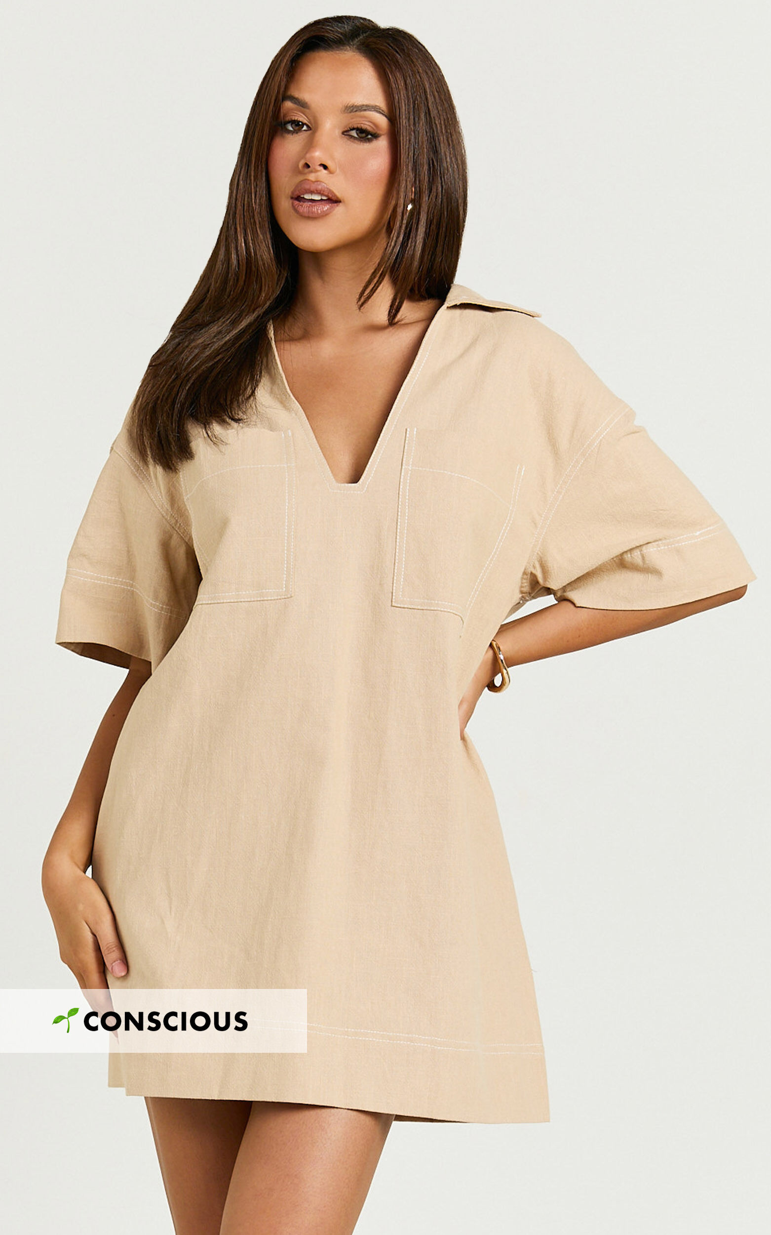 Sanvi Mini Dress - Linen Collared Pocket Shift Dress in Beige