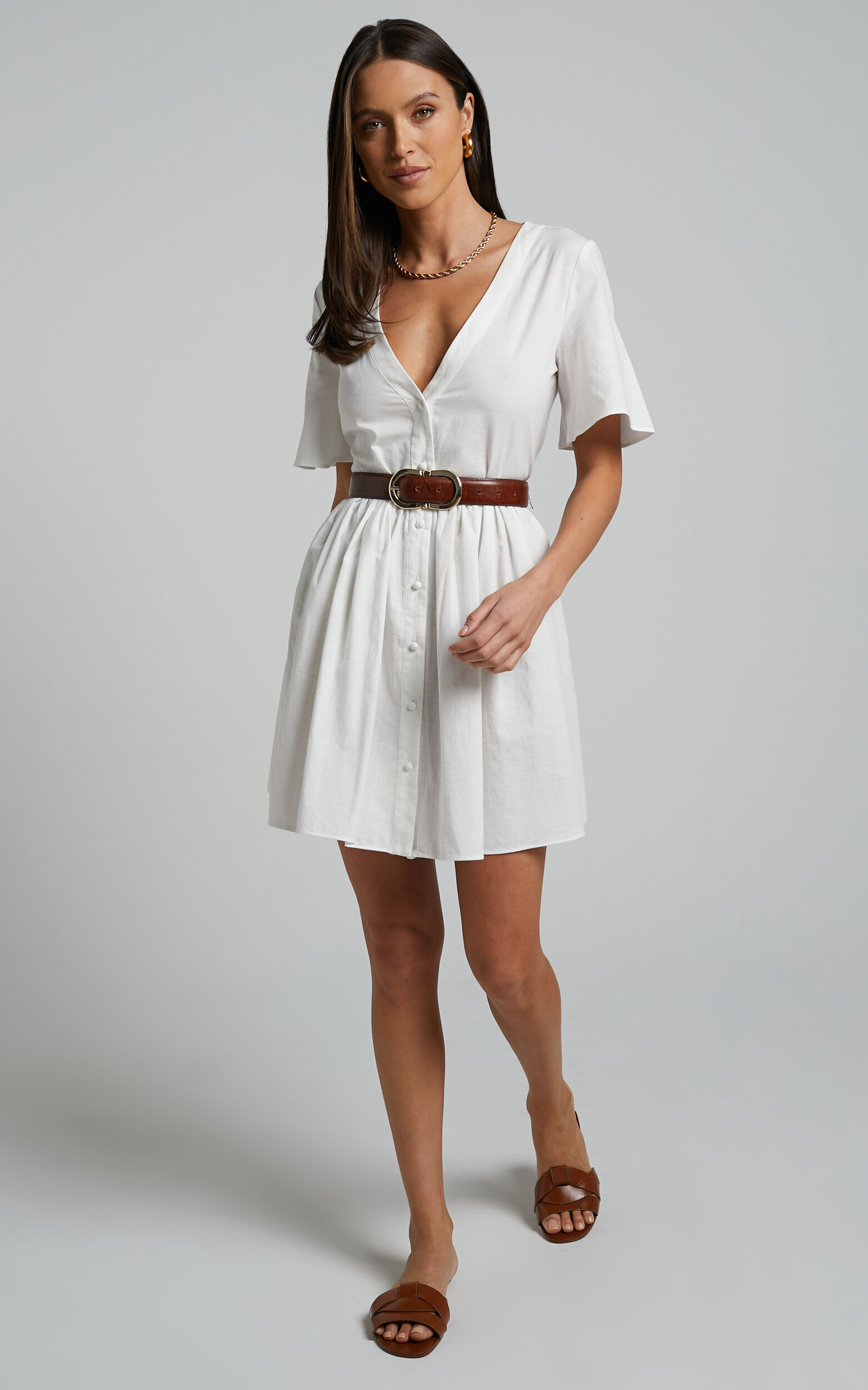 Staycation Mini Dress - Smock Button Up Dress in White