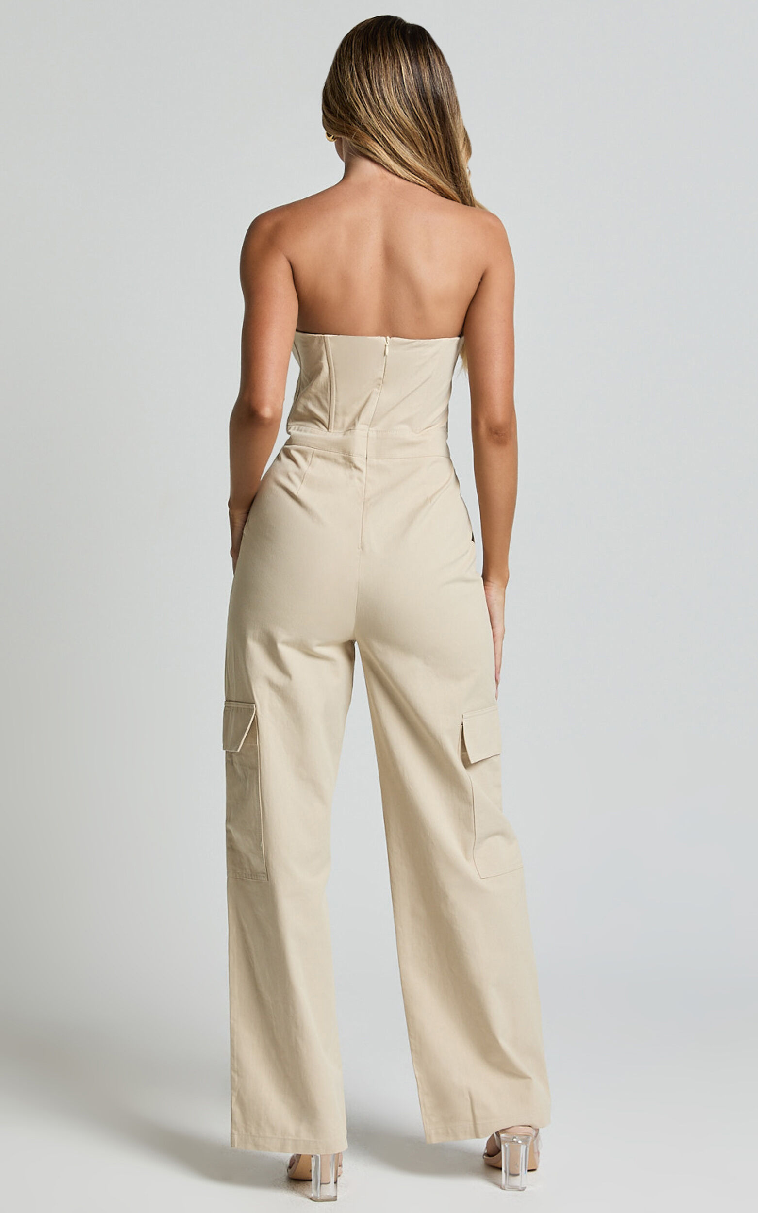 Nellia Jumpsuit - Strapless Straight Leg Cargo Jumpsuit in Stone