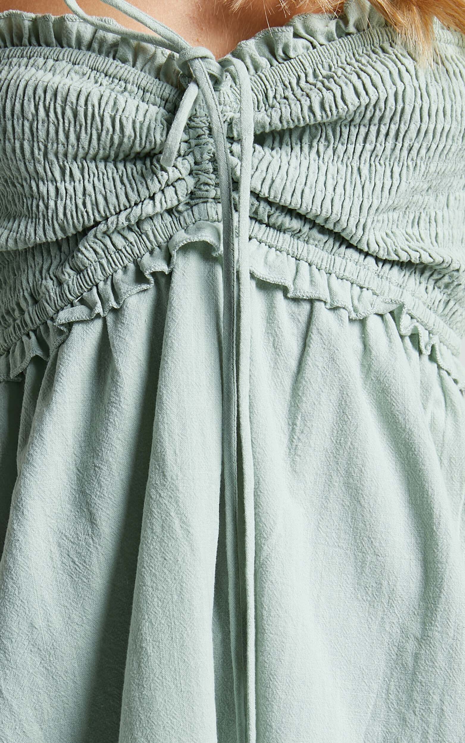 Nikka Midi Linen Dress - Shirred Off Shoulder Puff Sleeve Dress in Sage