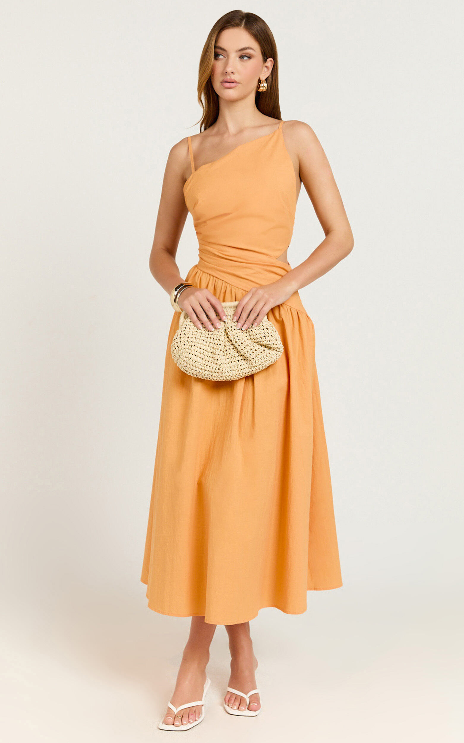 Ebony Midi Dress - Asymmetrical Cut Out Dress in Orange