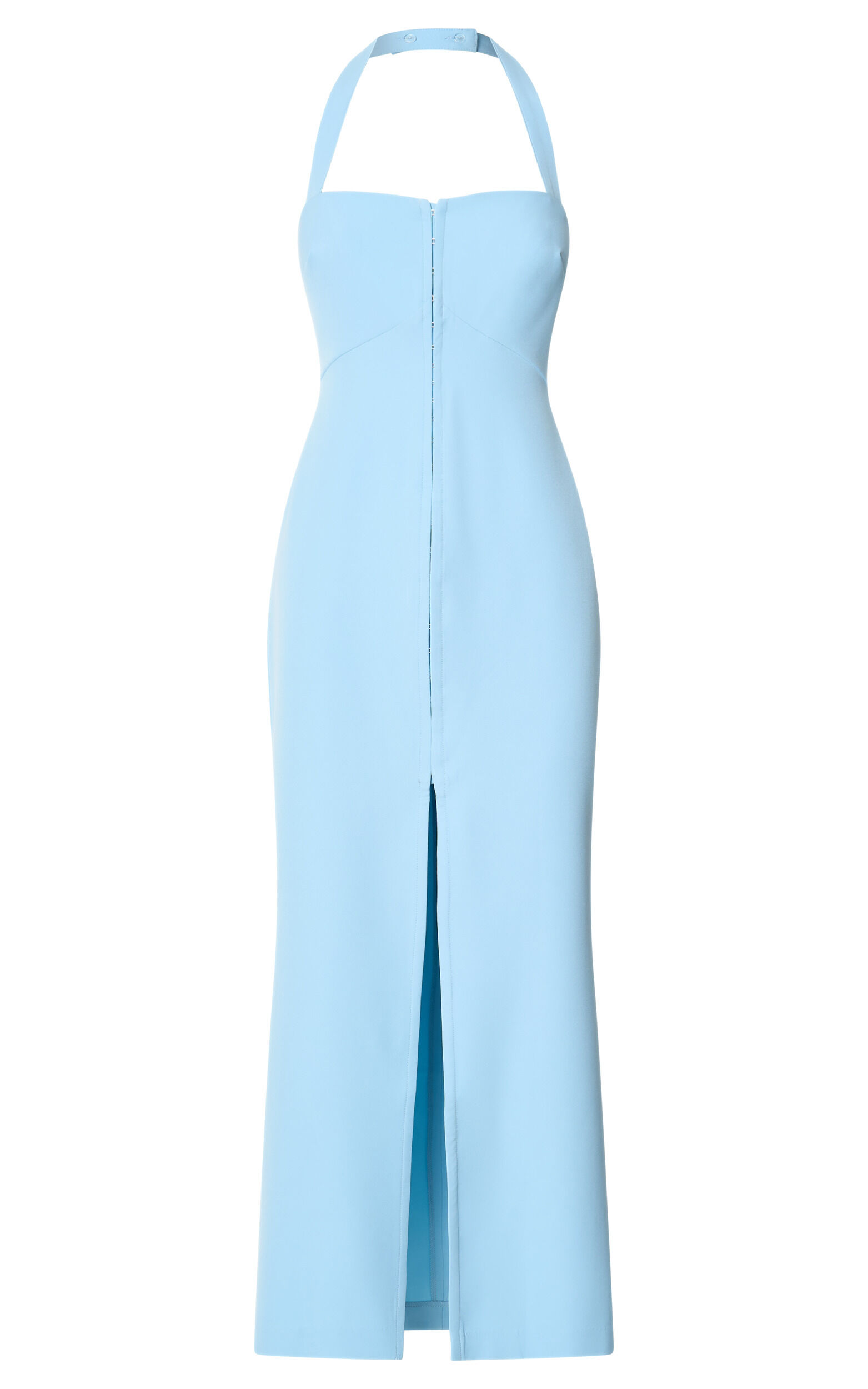 Emkate Midi Dress - Straight Neck Halter Neck Fitted Hook And Eye Front Dress in Blue