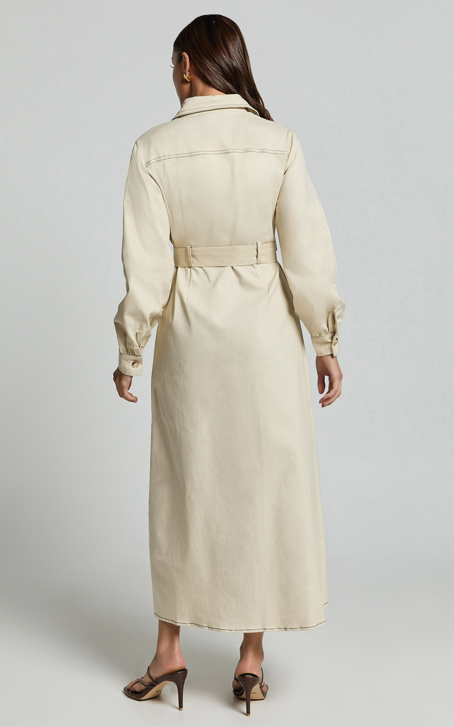 Yelena Midi Dress - Button up Collared Belted Long Sleeve Dress in Natural