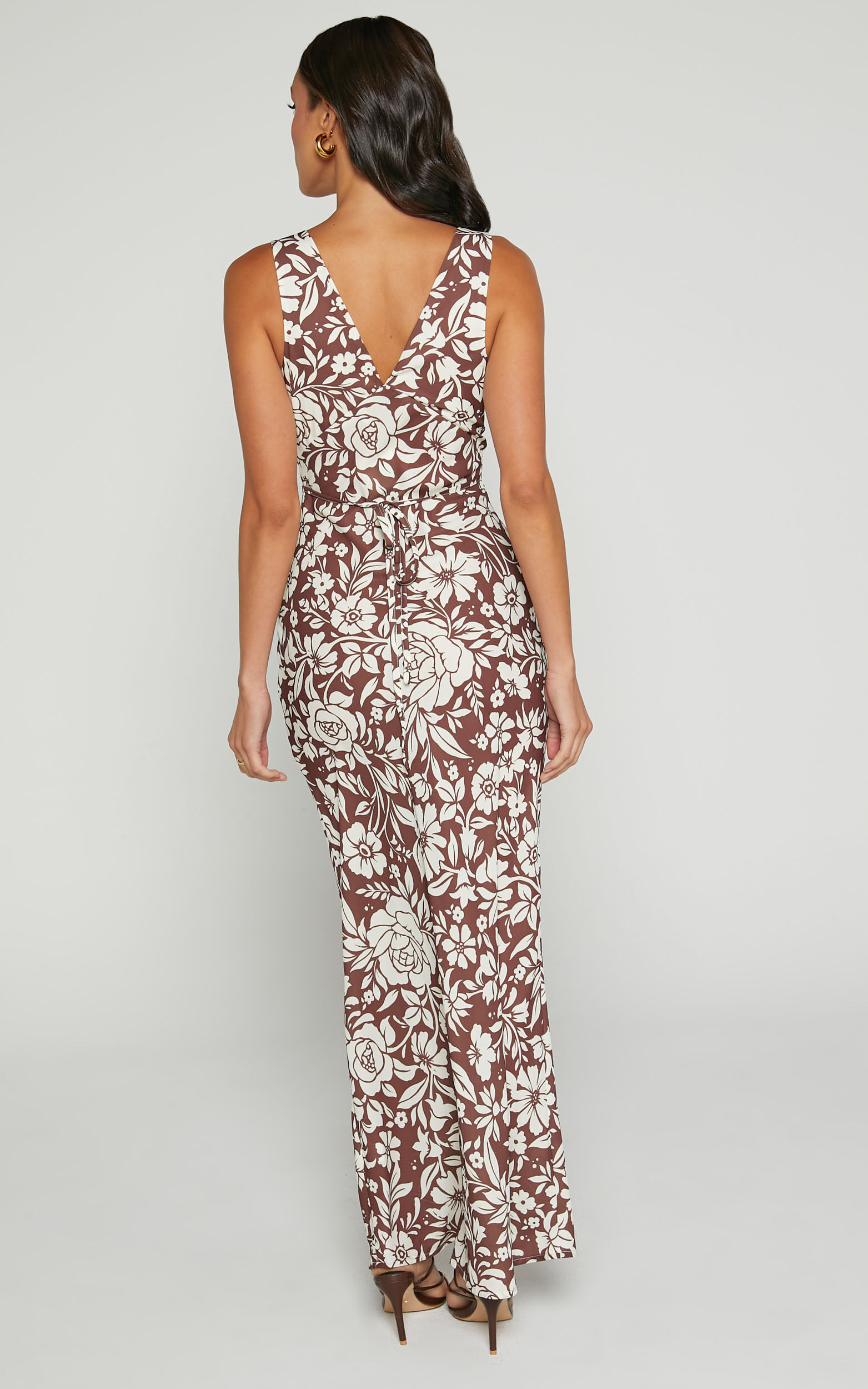Mauriel Midi Dress - Deep V Gathered Bust Slip Dress in Brown Floral