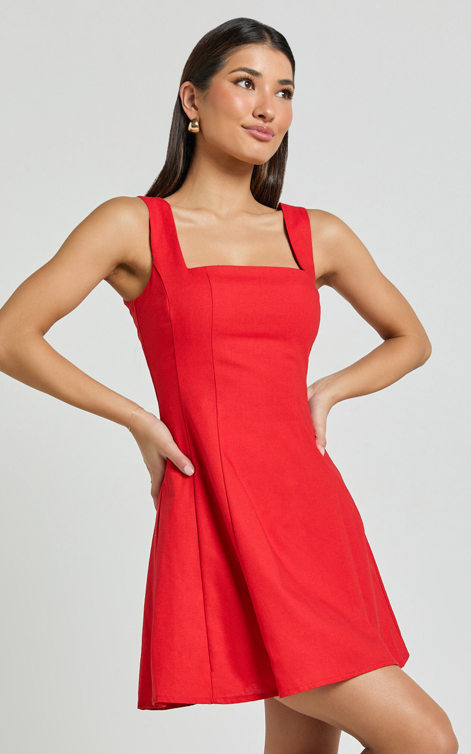 Adiana Mini Dress - Linen Square Neck Shirred Back A Line Dress in Red