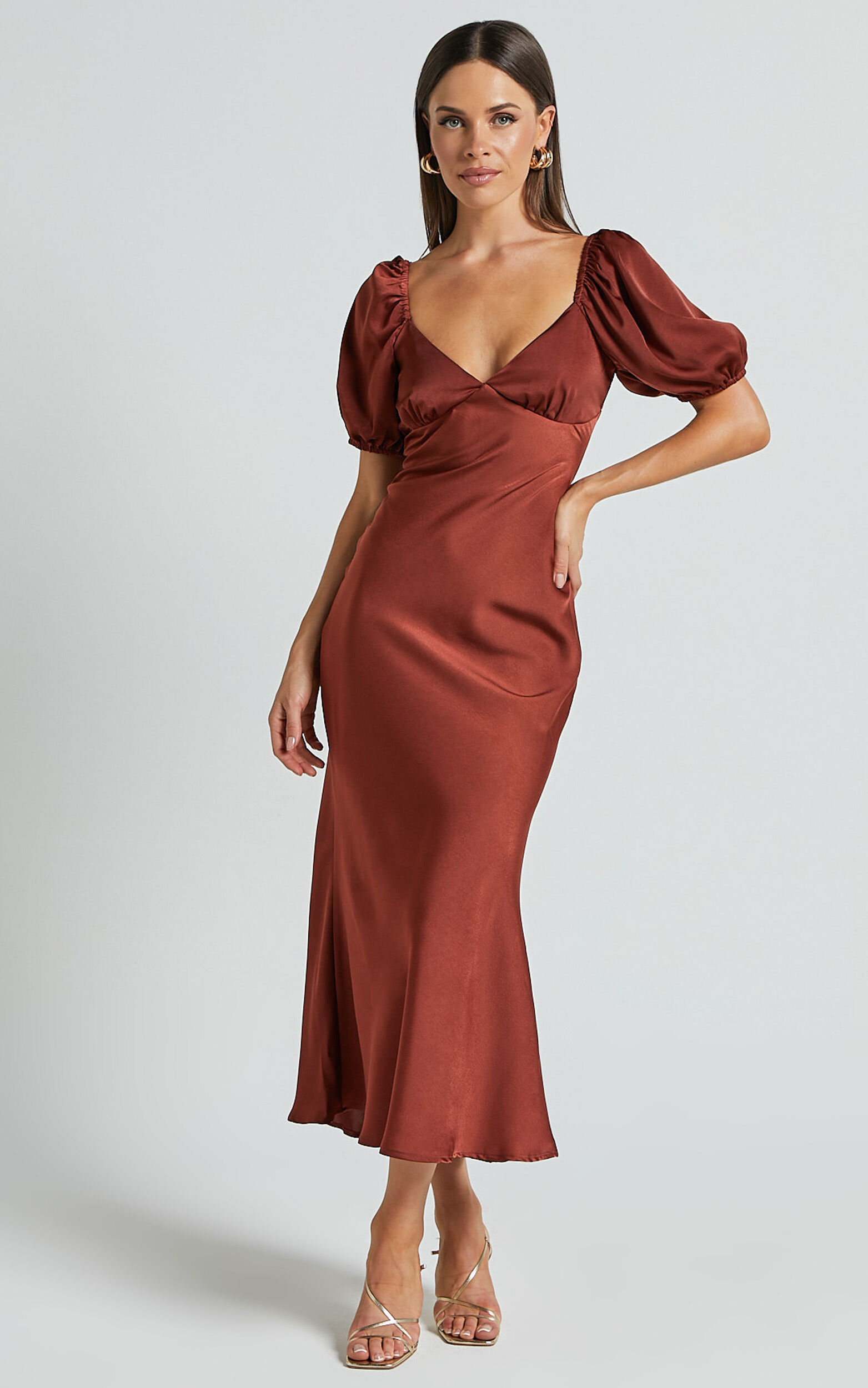 Catiana Midi Dress - V Neck Short Puff Sleeve Slip Dress in Chocolate