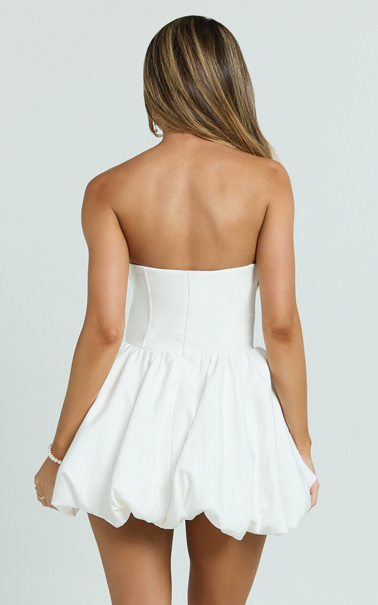Jeannie Mini Dress - Corset Panel Bubble Hem Dress in Off White