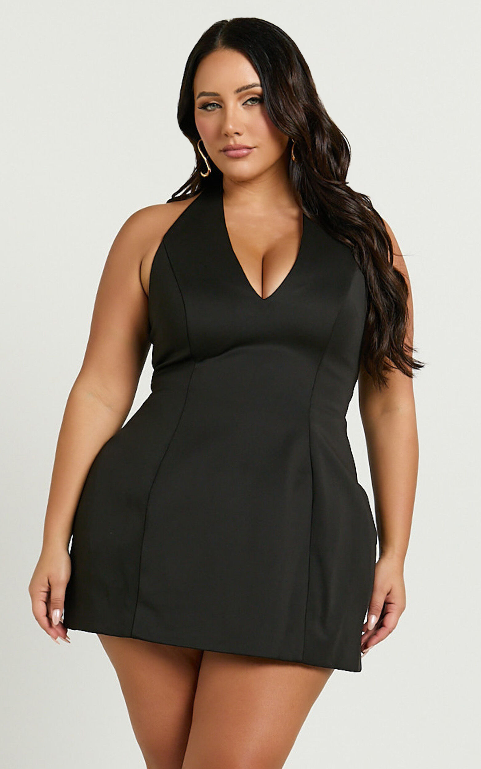 Gaia Mini Dress - Plunge Halter Fit and Flare Dress in Black