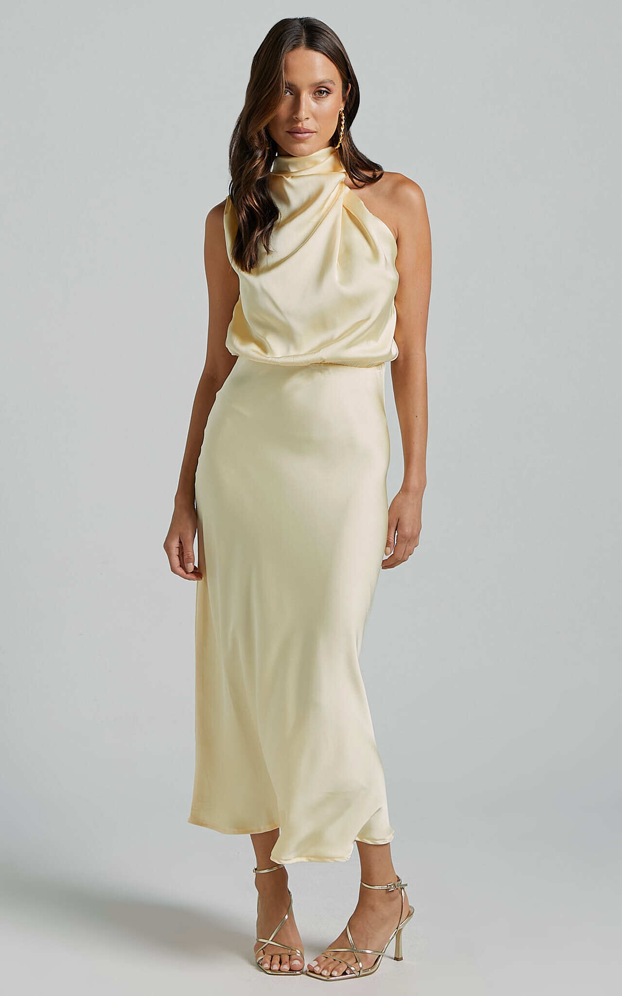 Minnie Midi Dress - Drape Neck Satin Slip Dress in Butter Yellow