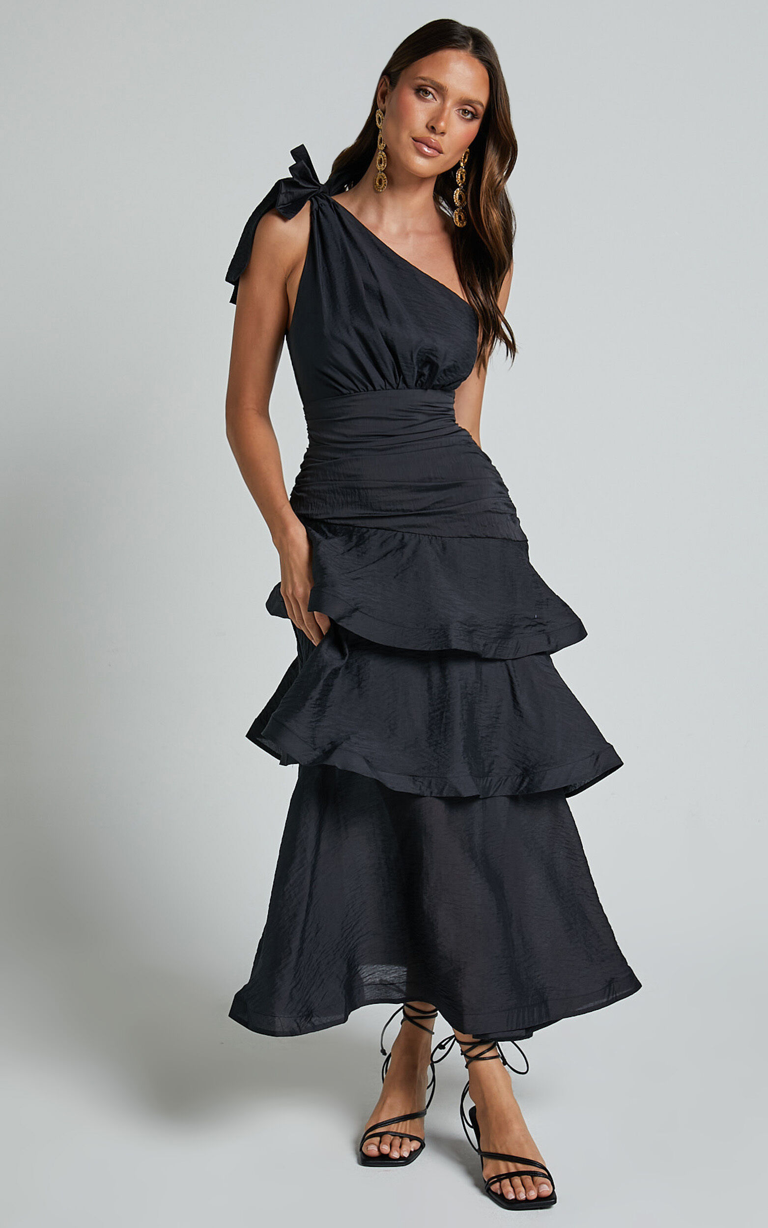 Eugenia Midi Dress - One Shoulder Fit and Flare Layered Dress in Black