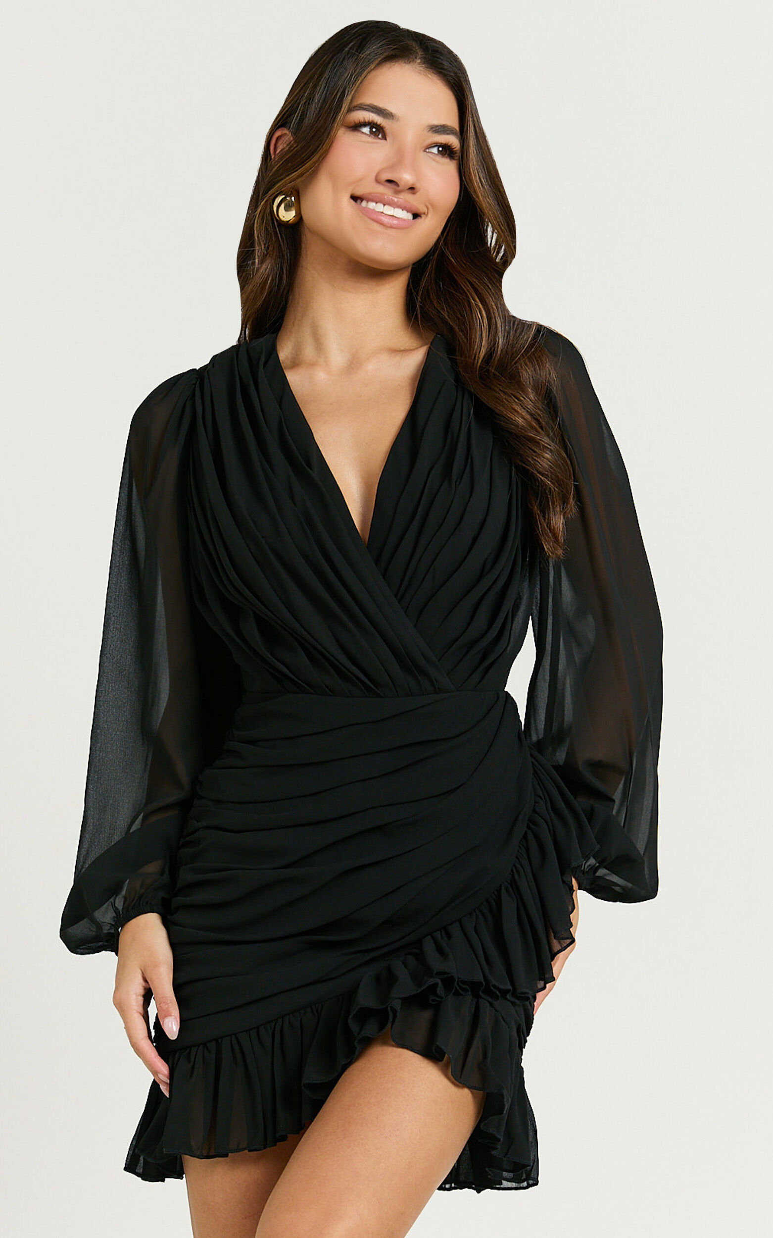 Can I Be Your Honey Mini Dress - Plunge Balloon Sleeve Dress in Black