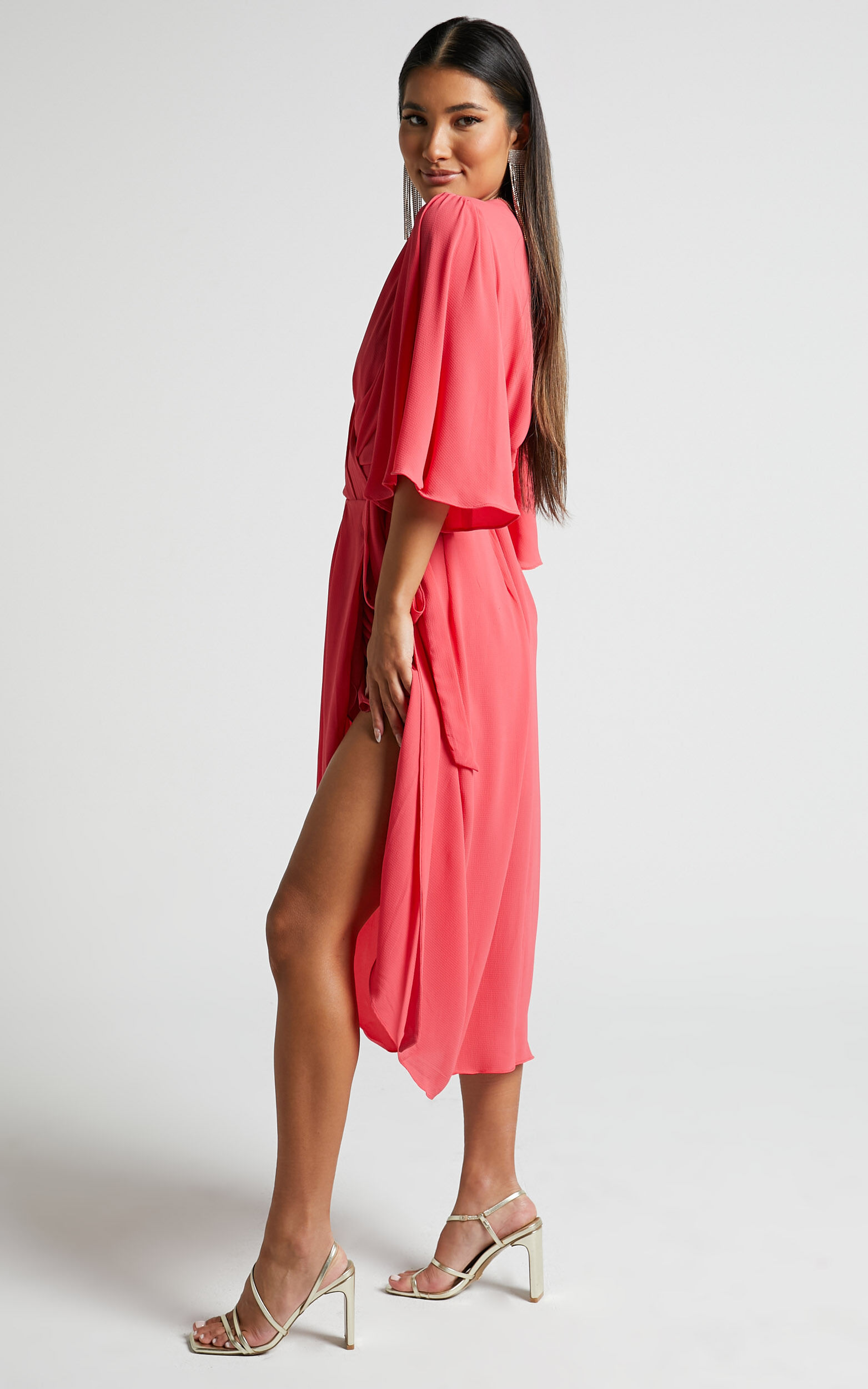 Meagan Midi Dress - V Neck Flutter Sleeve Pleated Detail Wrap in Pink