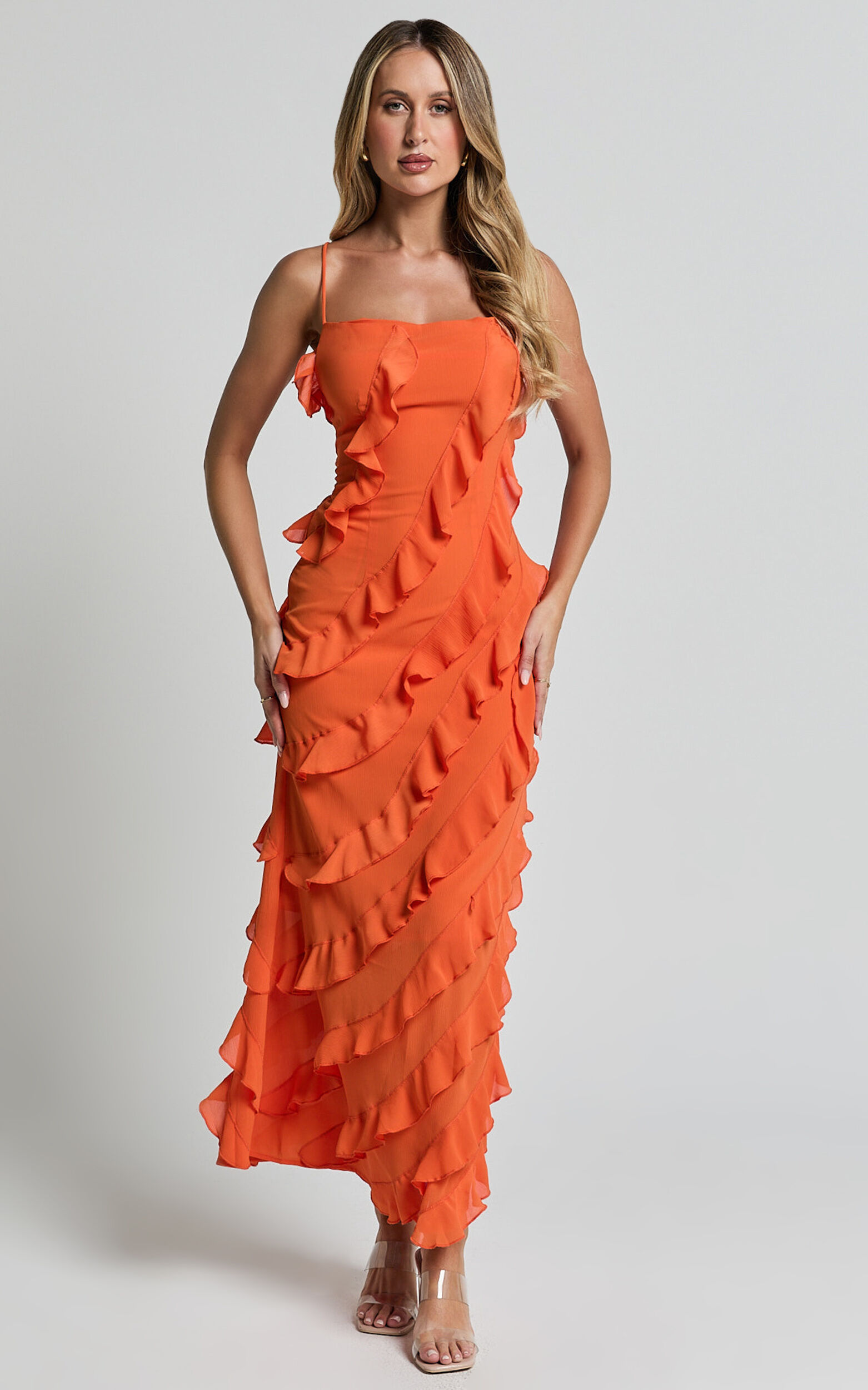 Arnie Midi Dress - Strapless Ruffle Detail Slip Dress in Orange