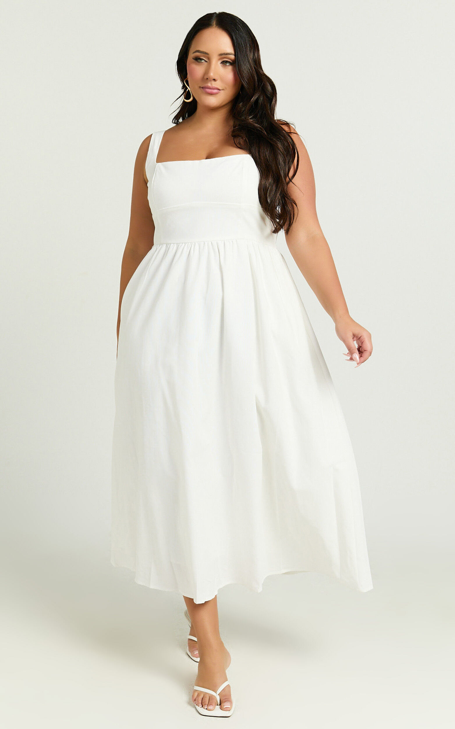 Khari Midi Dress - Linen Look Square A Line Dress in White