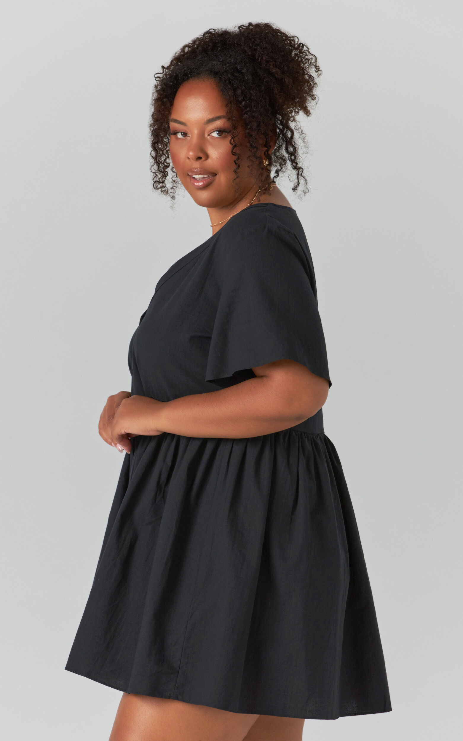 Staycation Mini Dress - Smock Button Up Dress in Black