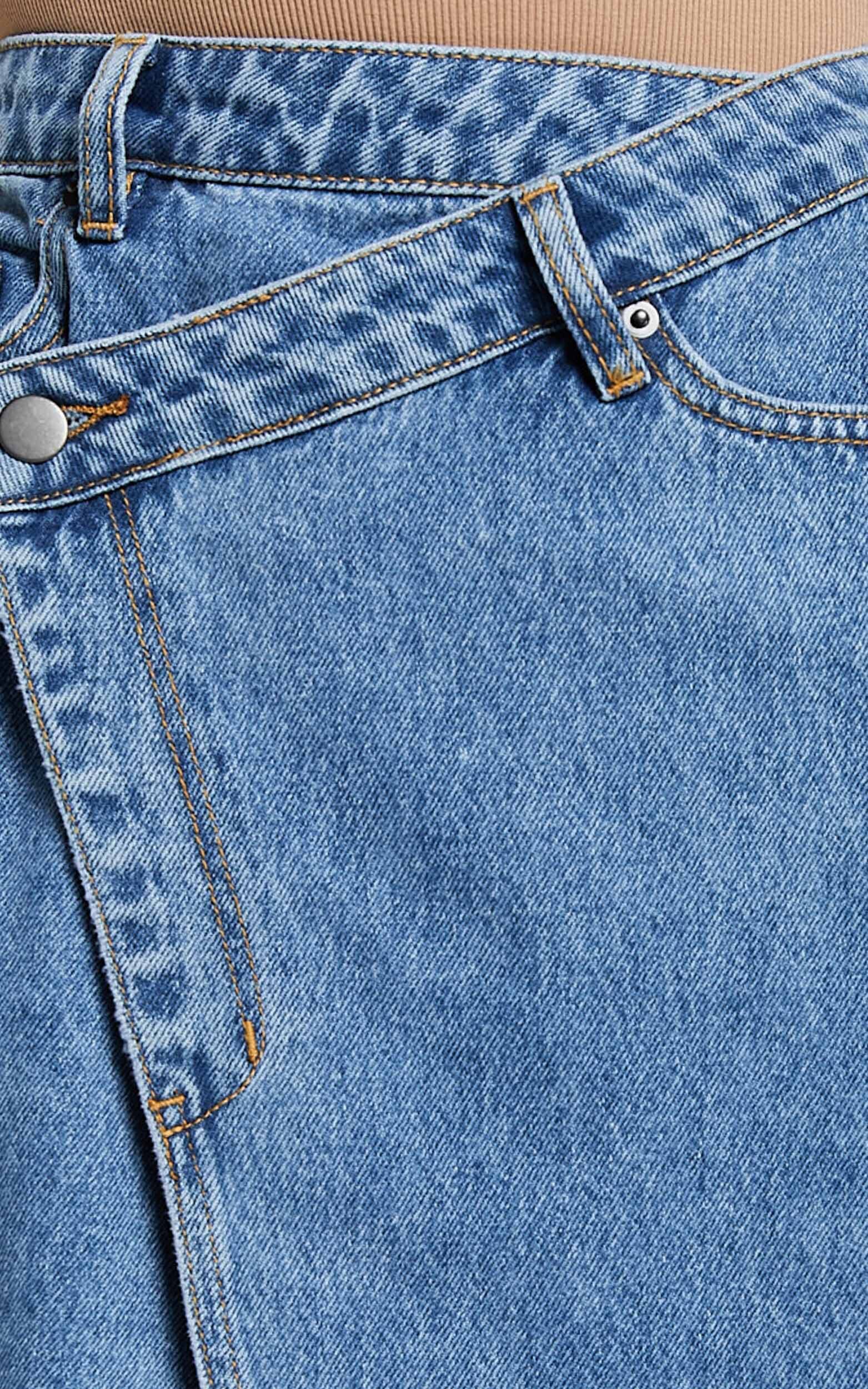 Rihanna Skirt - High Waisted Asymmetrical Denim Skirt in Mid Blue Wash