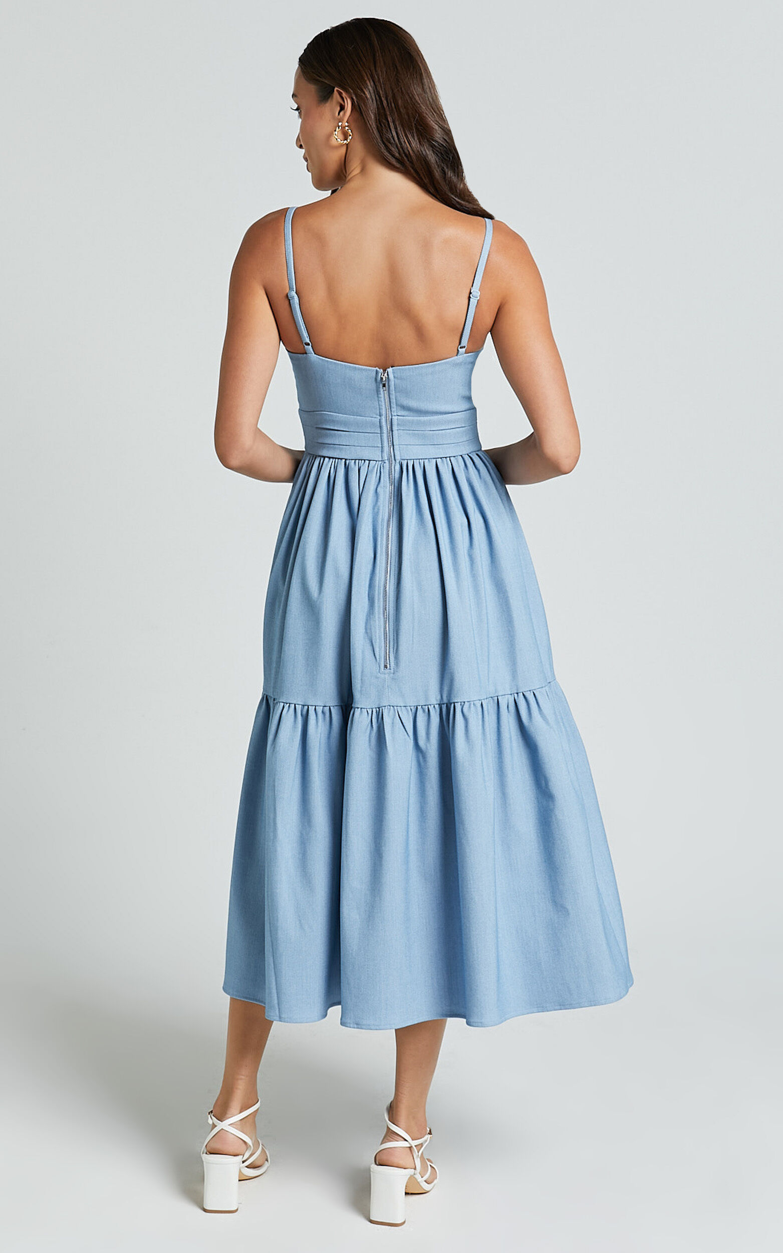 Gem Midi Dress - Strappy Sweetheart Tier Dress in Light Blue