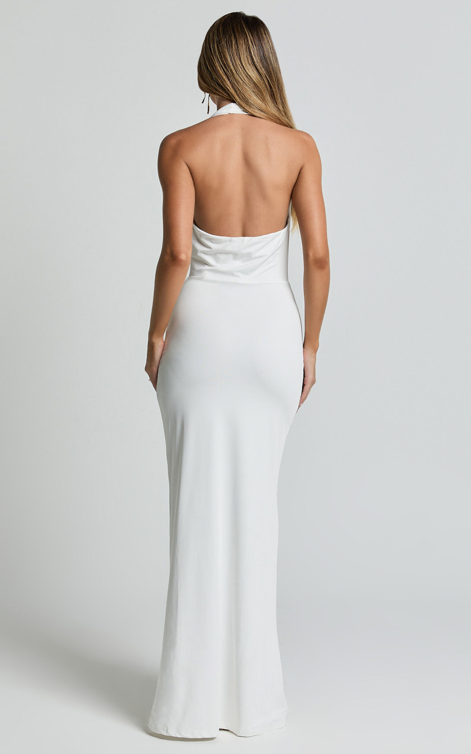 Sylvana Maxi Dress - Cowl Halter Neck Bodycon Dress in White