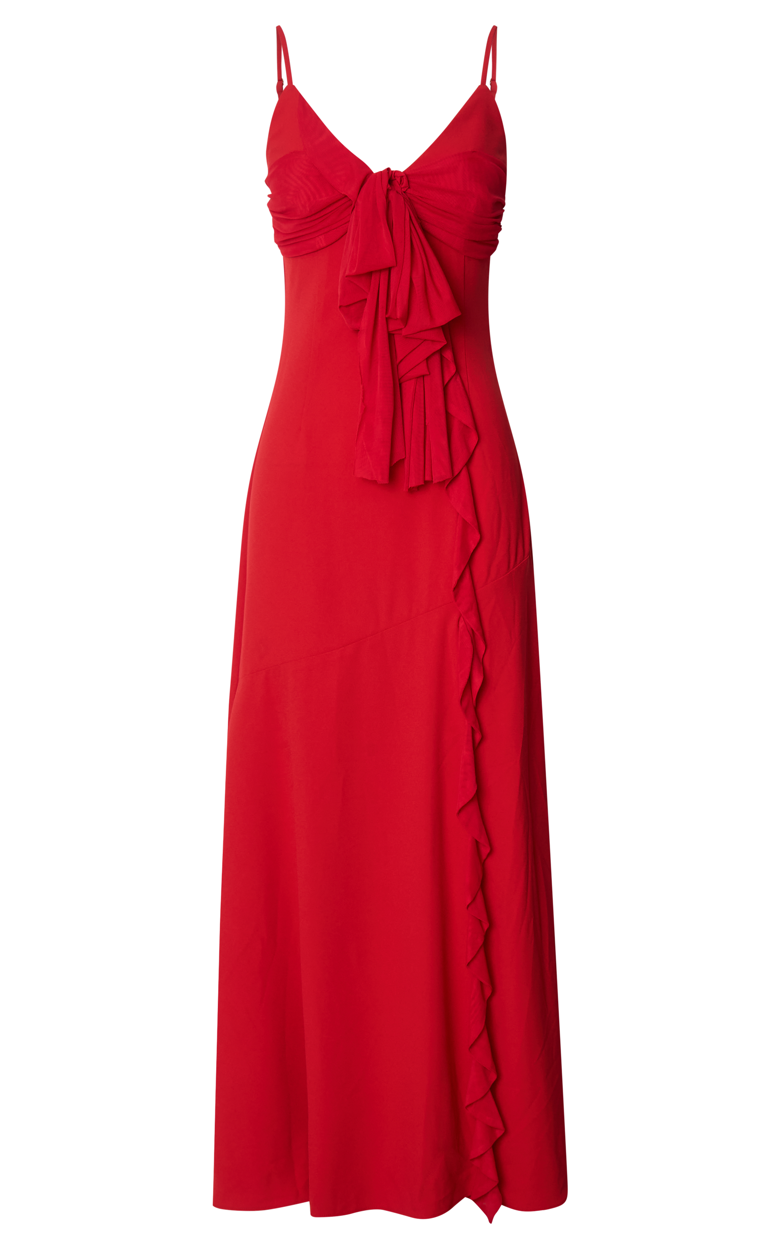 Lacie Maxi Dress - V Neck Bias Cut Ruffle Tie Front Dress in Red
