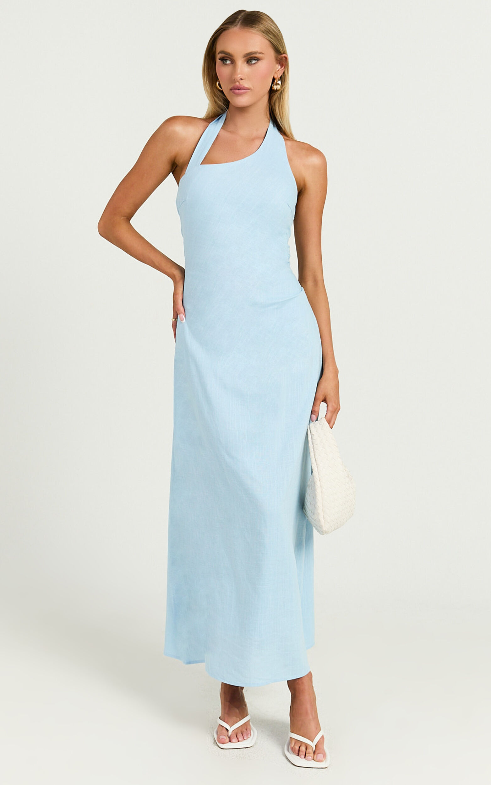 Lindley Midi Dress - Halter Neck Linen Look Dress in Soft Blue