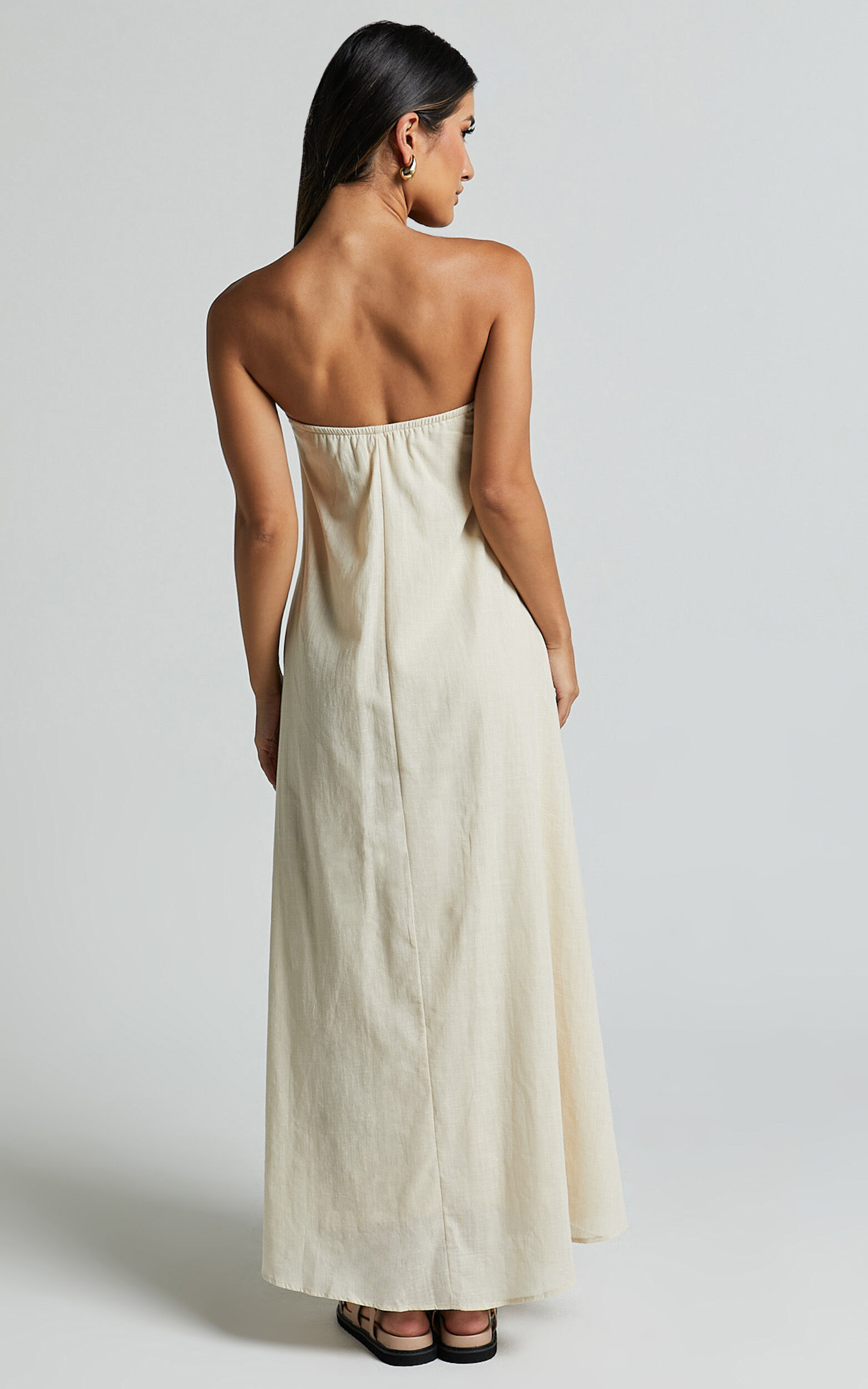 Adessa Maxi Linen Dress - Strapless A Line Dress in Beige