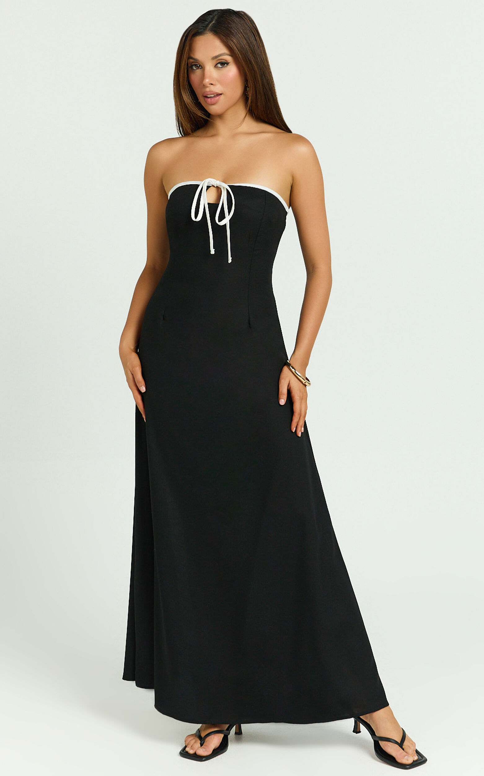 Lashara Maxi Linen Dress - Strapless Contrast Dress in Black