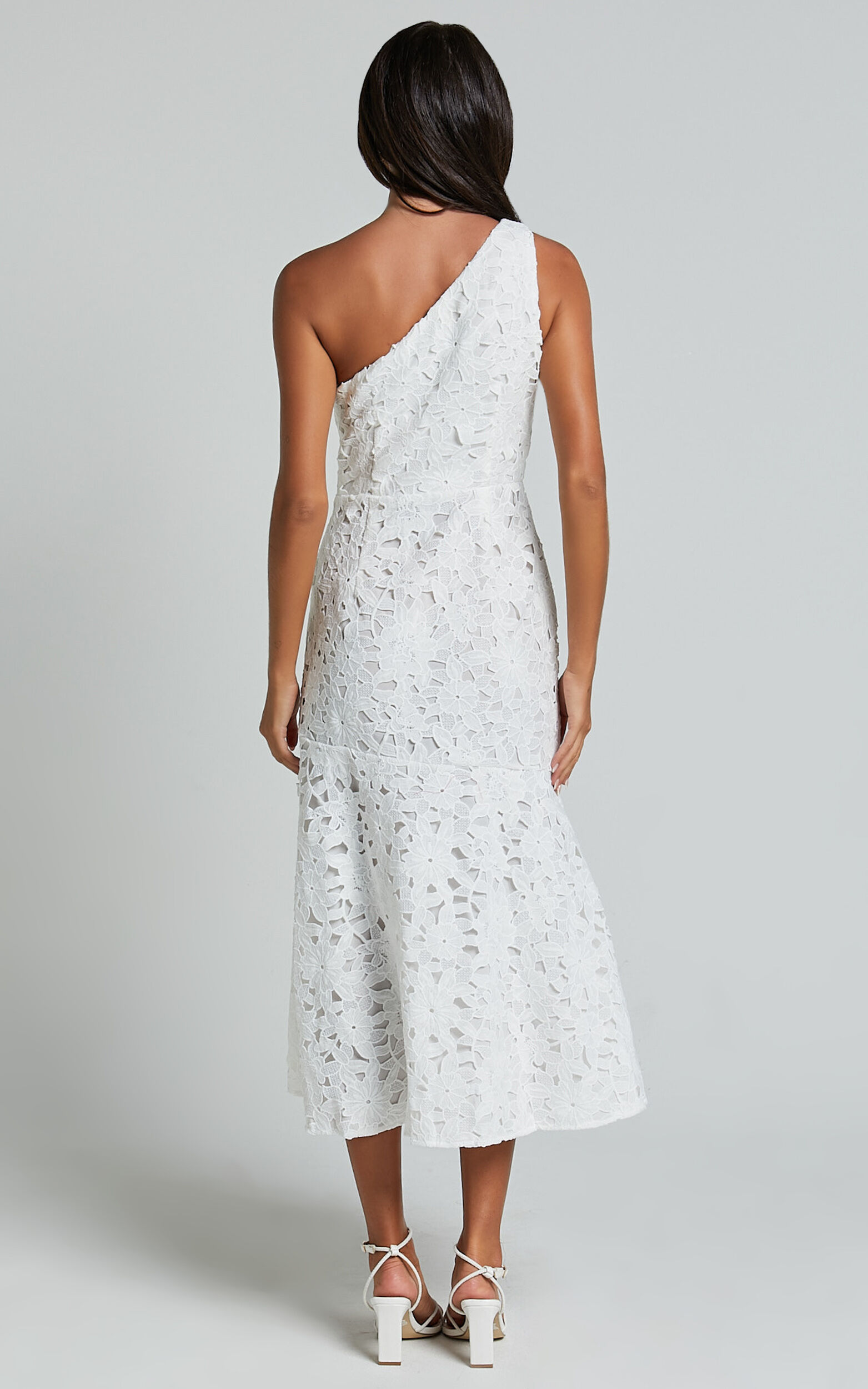 Beth Midi Dress - One Shoulder Ruffle Hem Lace Dress in White