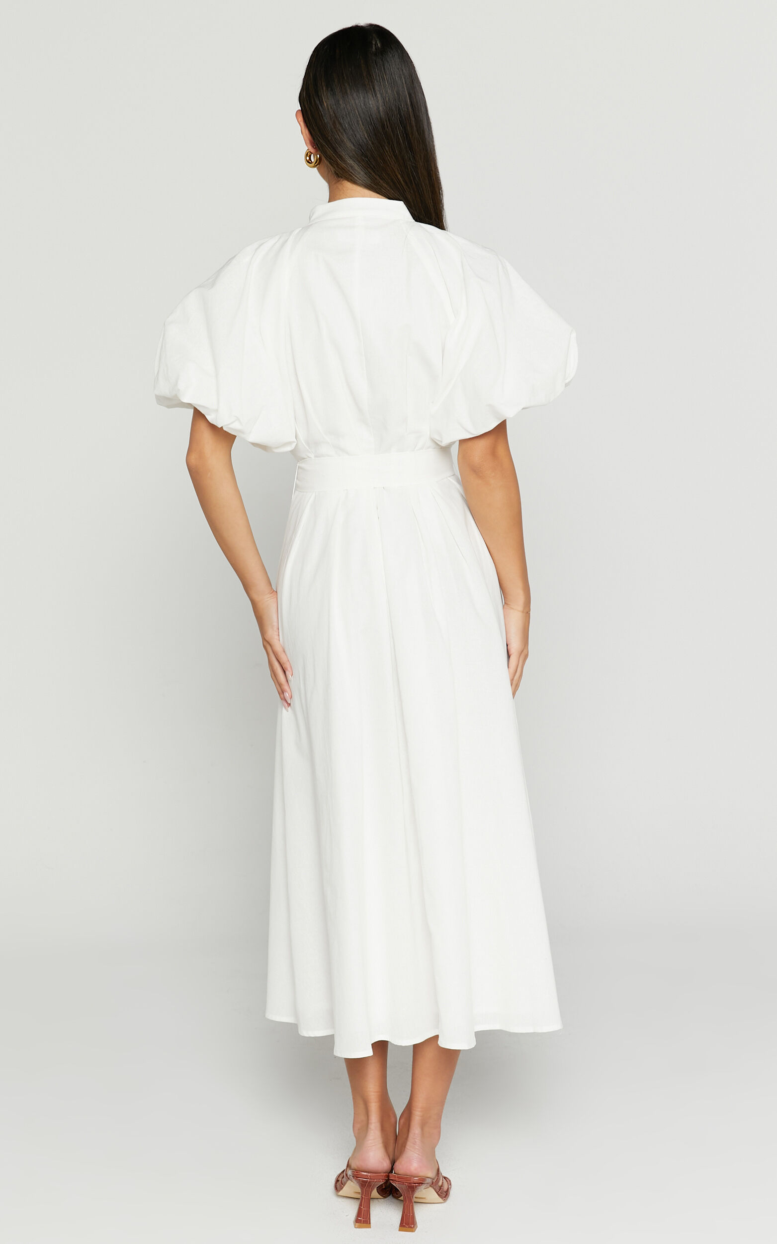 Sabrina Midi Dress - Linen Raglan Sleeve Belted Dress in White