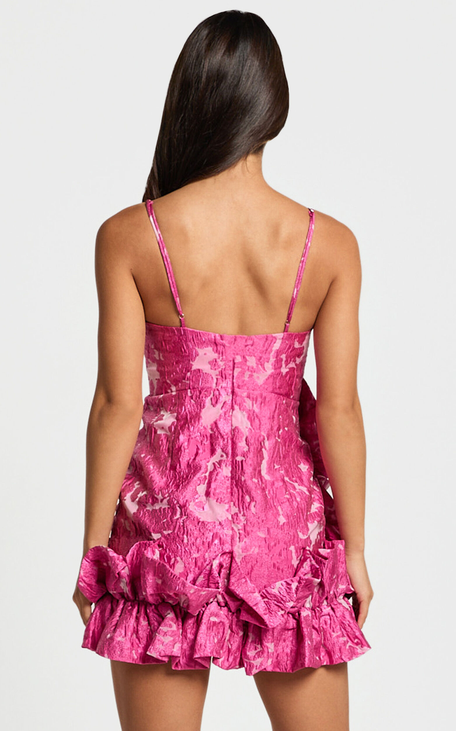 Arlette Mini Dress - Plunge Ruffle Detail Jacquard Dress in Pink