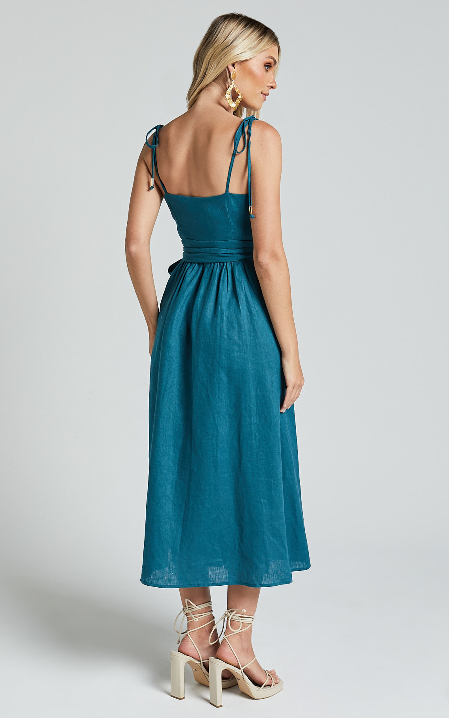 Amalie The Label - Siena Linen Tie Shoulder Wrap Midi Linen Dress in Moss