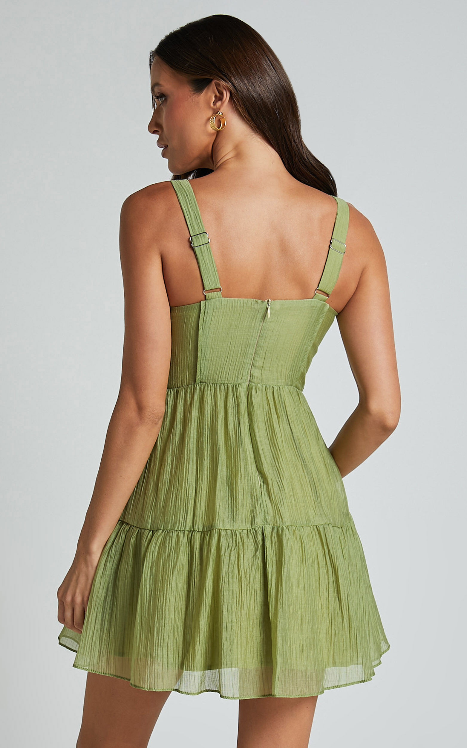 Alva Mini Dress - Sleeveless Ruched Bust Tiered Dress in Sage