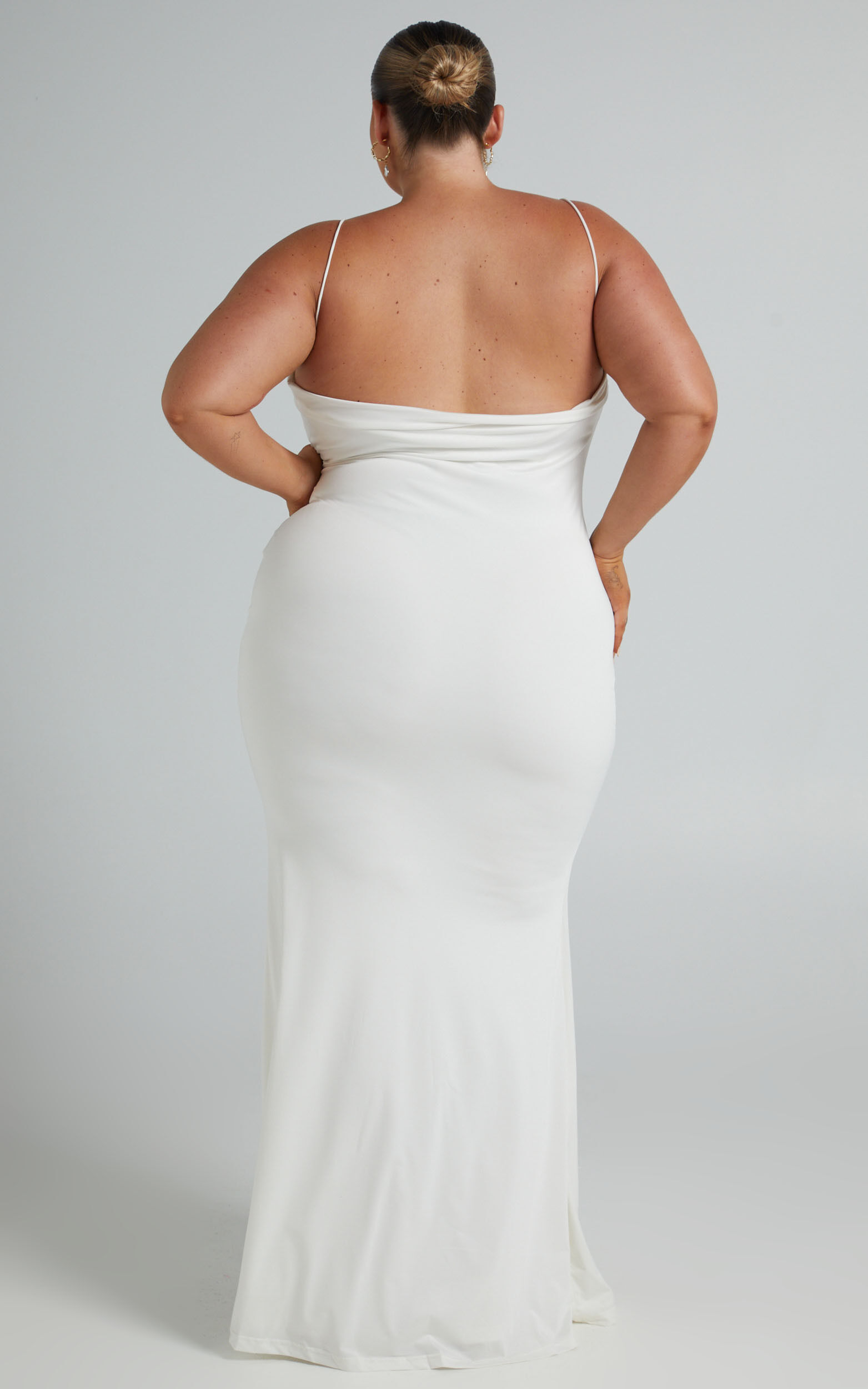 Tasteful Midi Dress - Cowl Neck Bodycon Thigh Split Dress in White