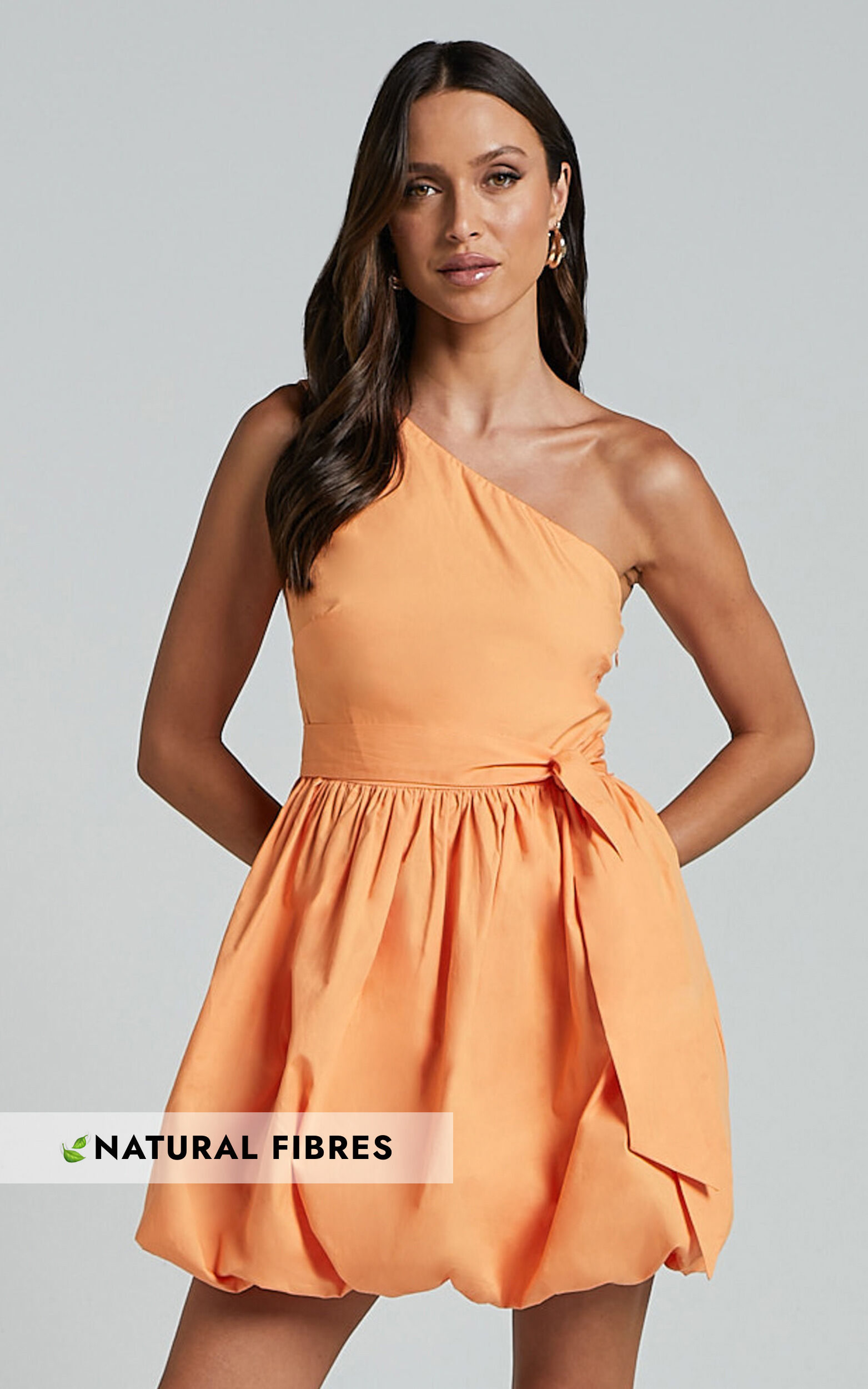 Jovette Mini Dress - One Shoulder Tie Waist Bubble Hem Dress in Apricot