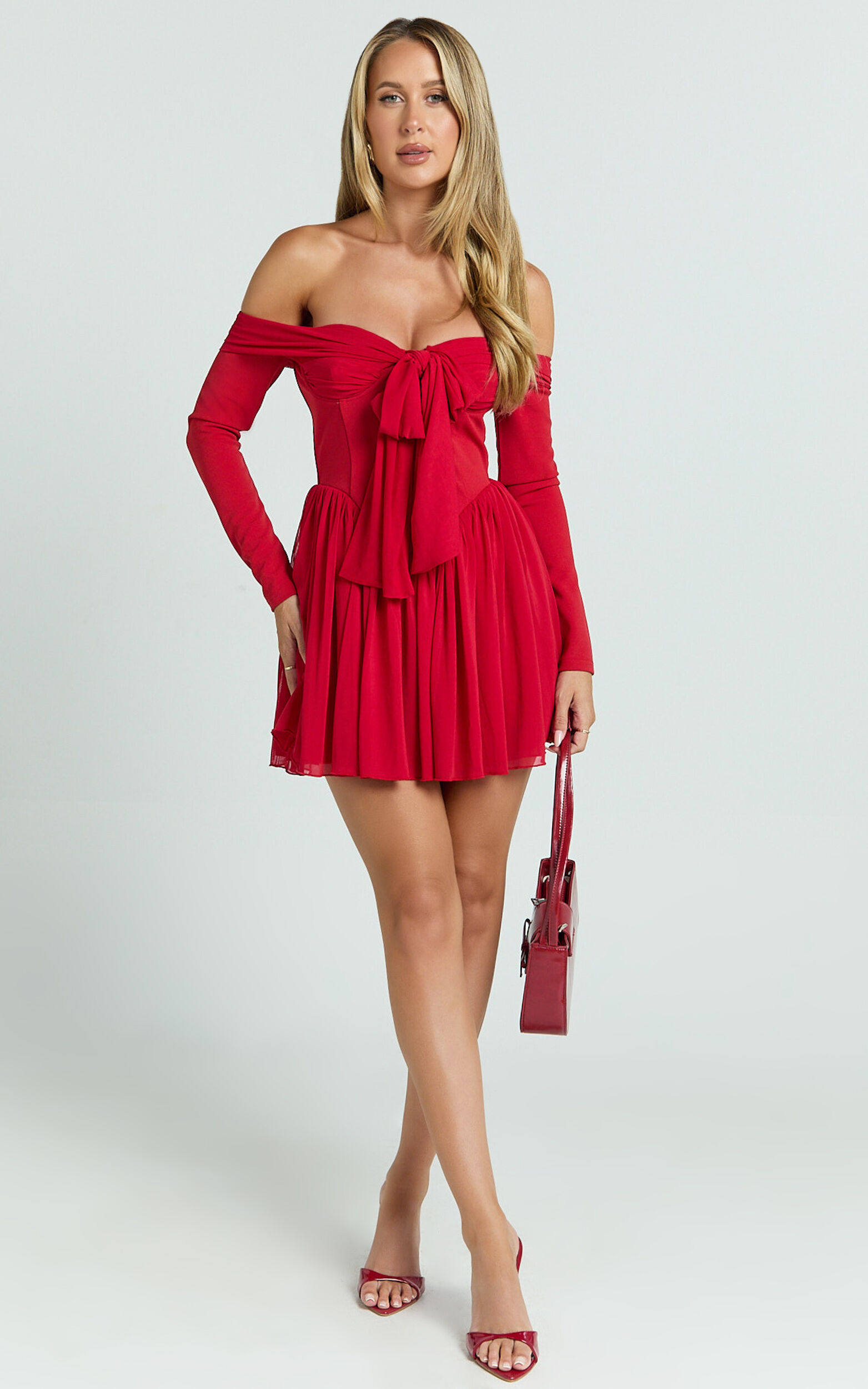 Bennett Mini Dress - Off Shoulder Long Sleeve V Waist Dress in Red