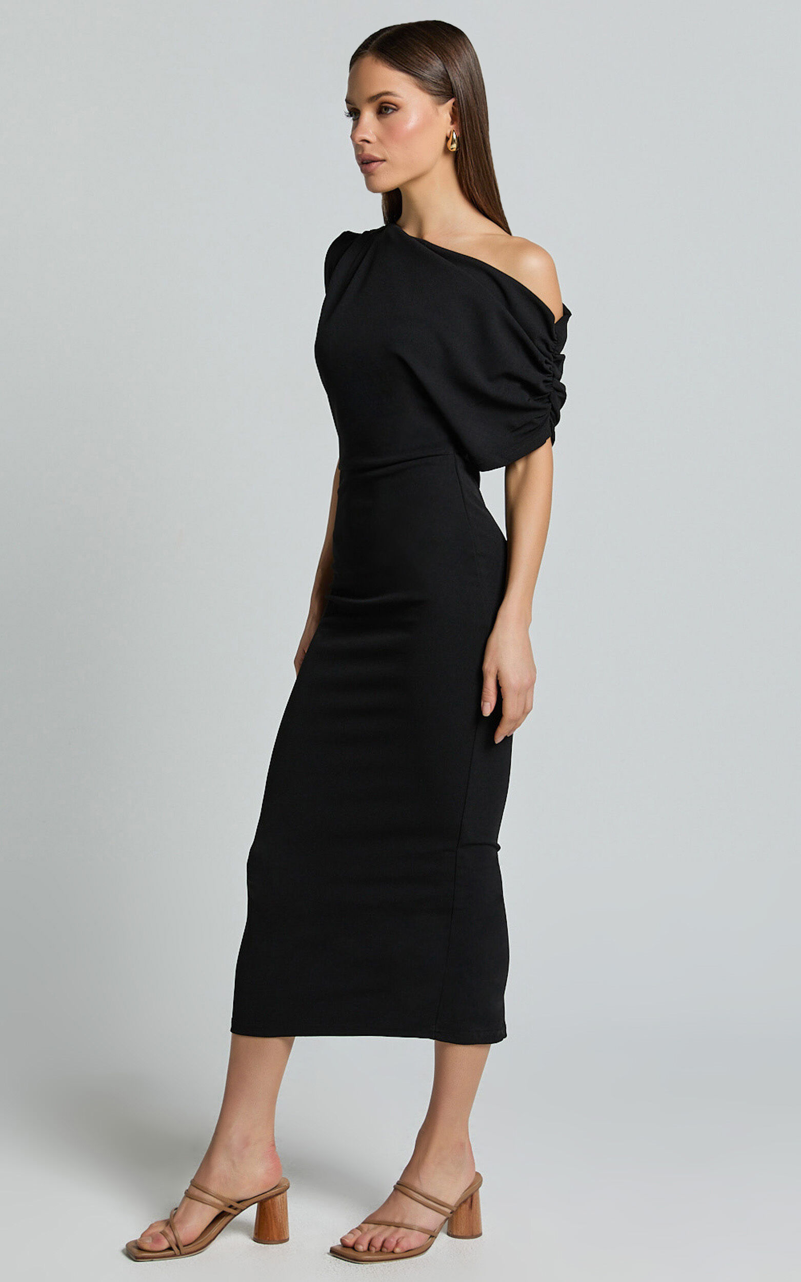 Nalfie Midi Dress - Tipped Shoulder Jersey Drape Dress in Black