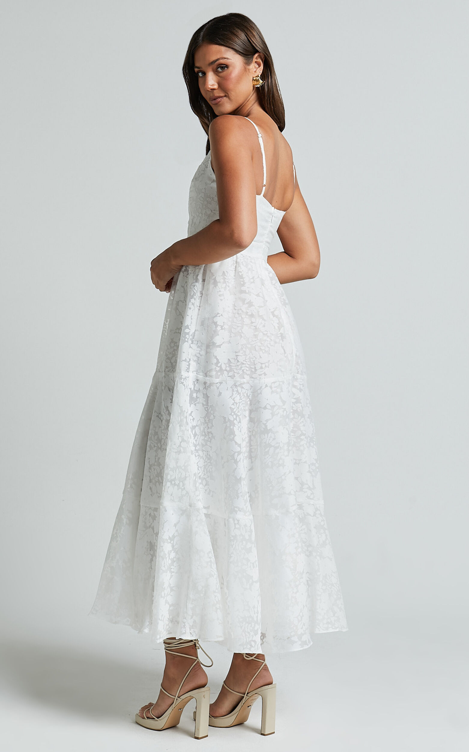 Jorie Midi Dress - Strappy Front Cut Out Tiered Skirt in White