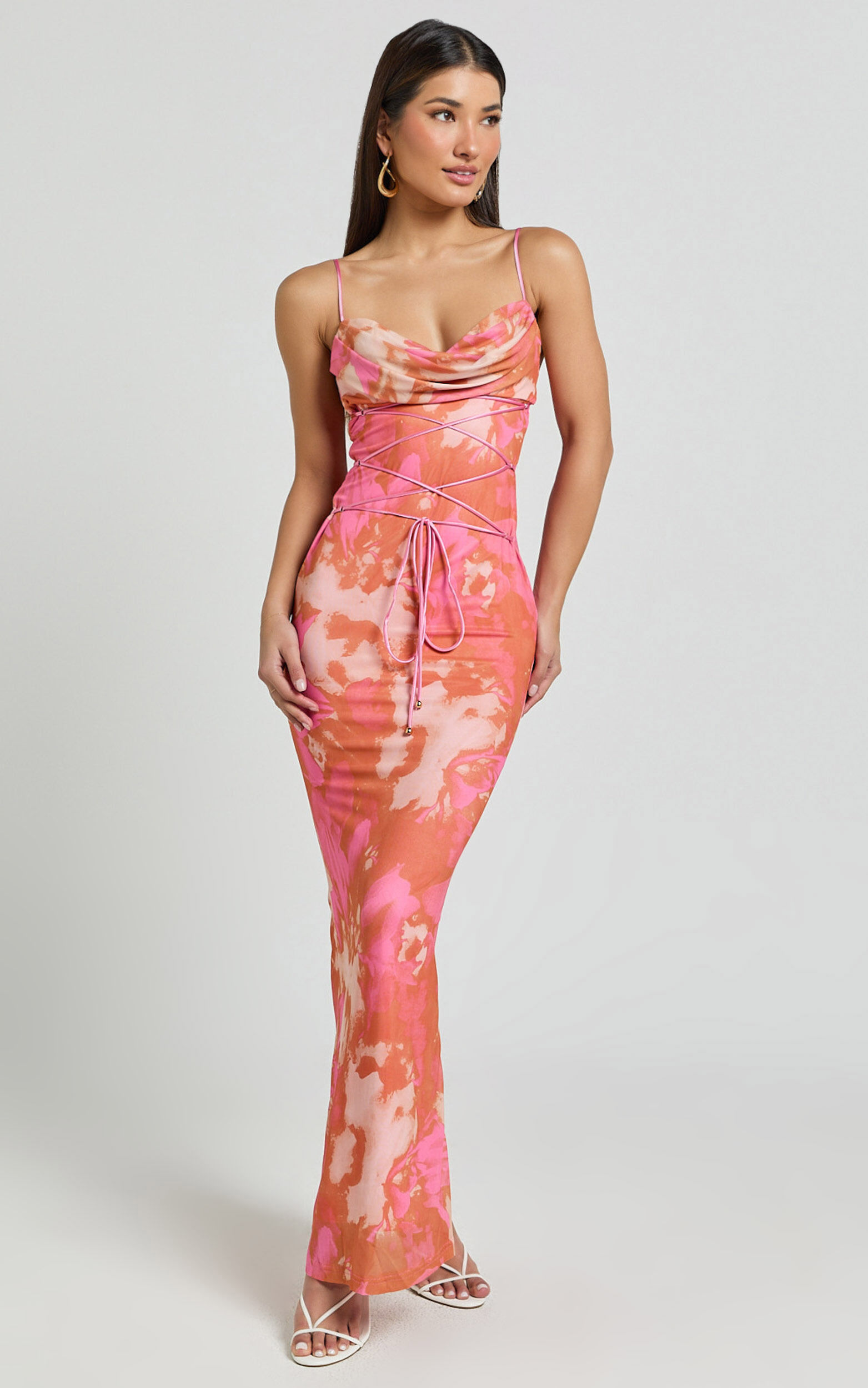 Ariel Midi Dress - Mesh Bodycon Tie Detail Dress in Pink Blur Print