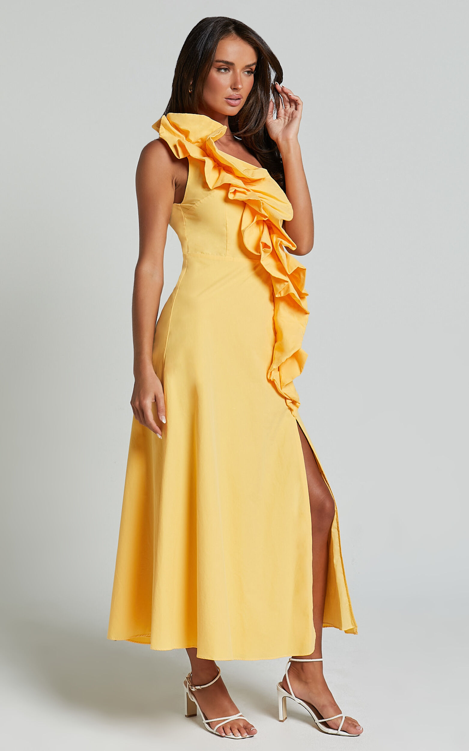 Rita Midi Dress - One Shoulder Ruffle Detail Dress in Yellow