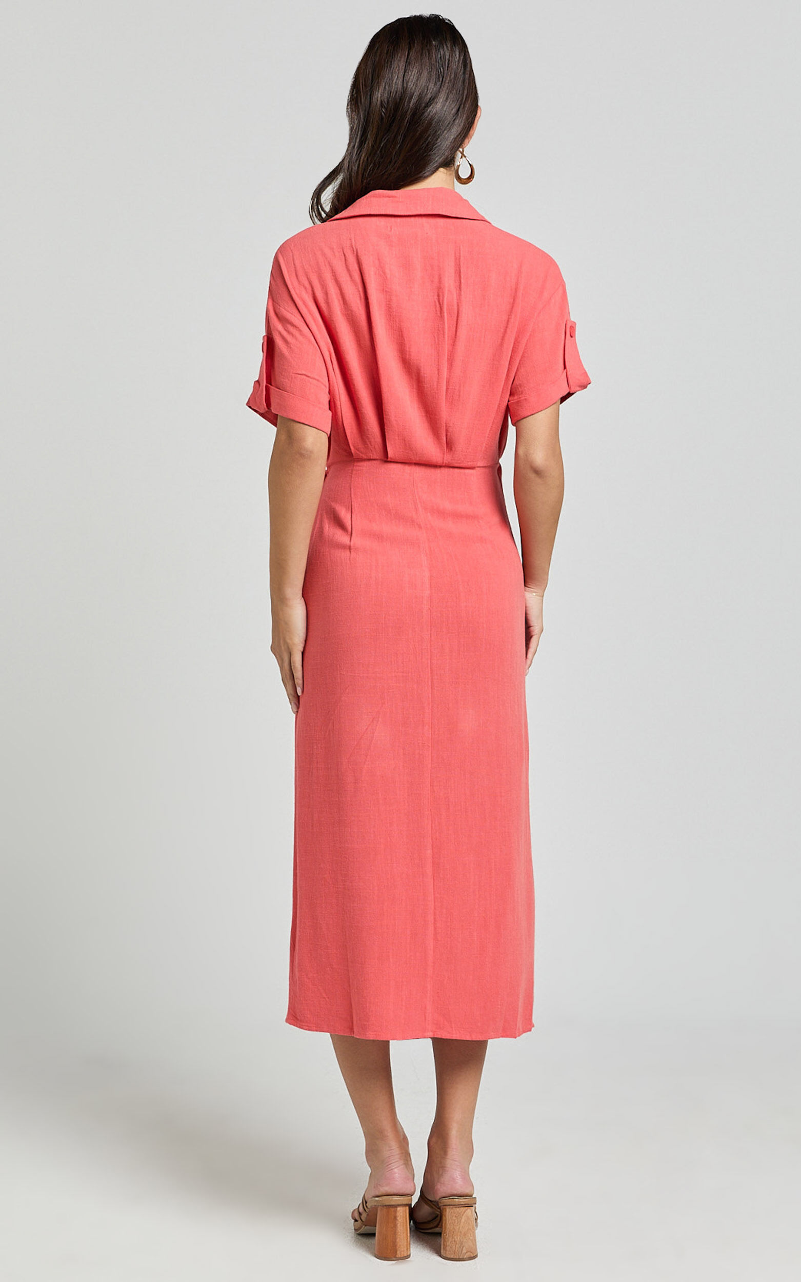 Carina Midi Dress - Linen Blend Short Sleeve Collared Wrap Dress in Orange