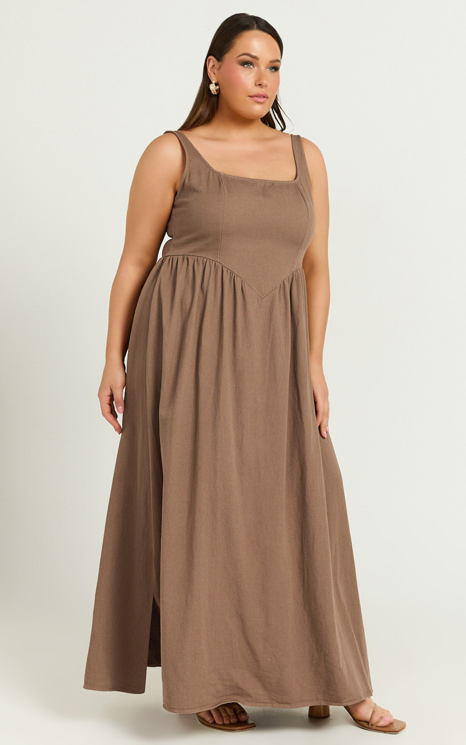 Rhaziya Midi Dress - Sleeveless Straight Neck Fit and Flare Dress in Tobacco