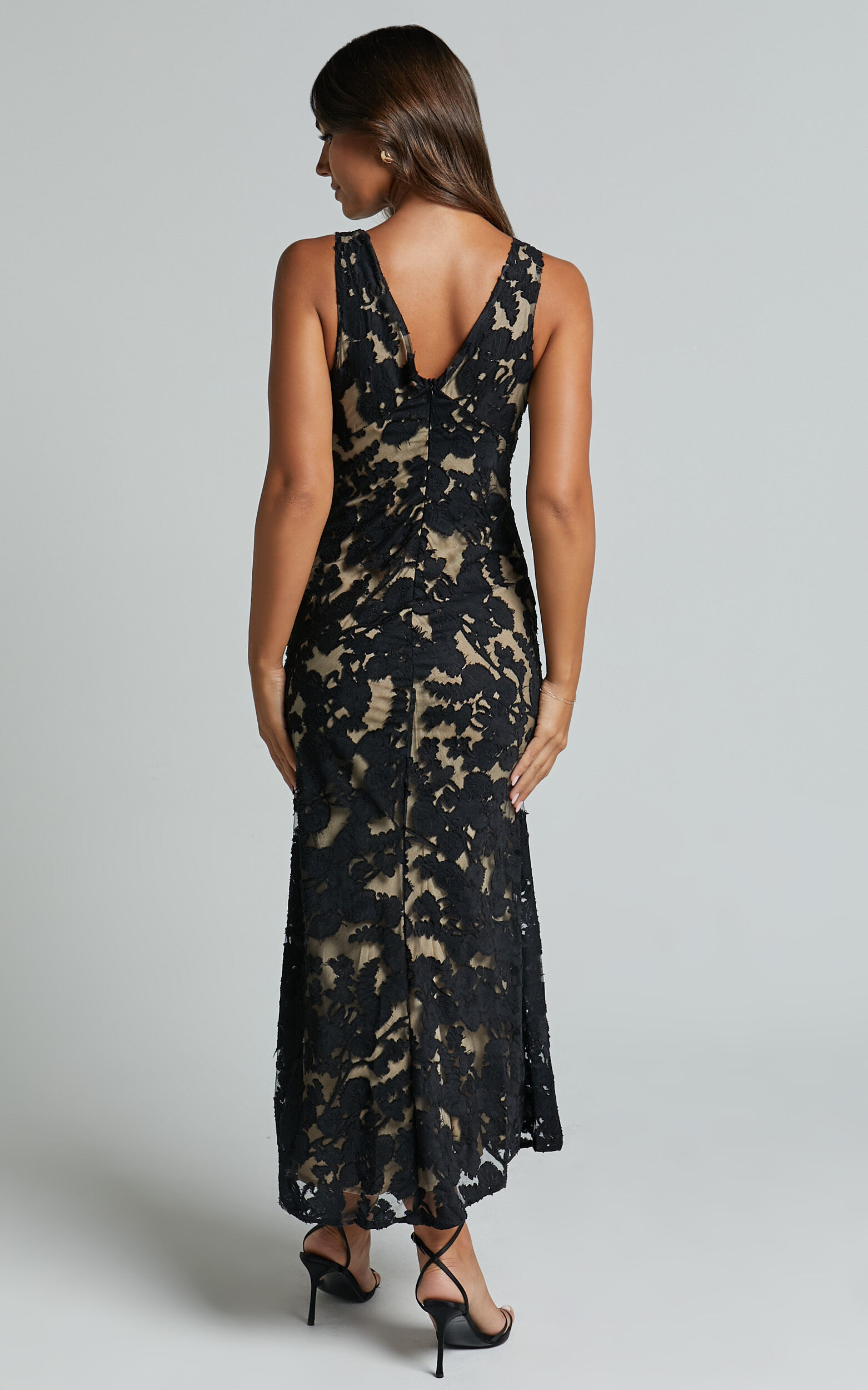 Zymae Midi Dress - Deep V Neck Lace Slip Dress in Black