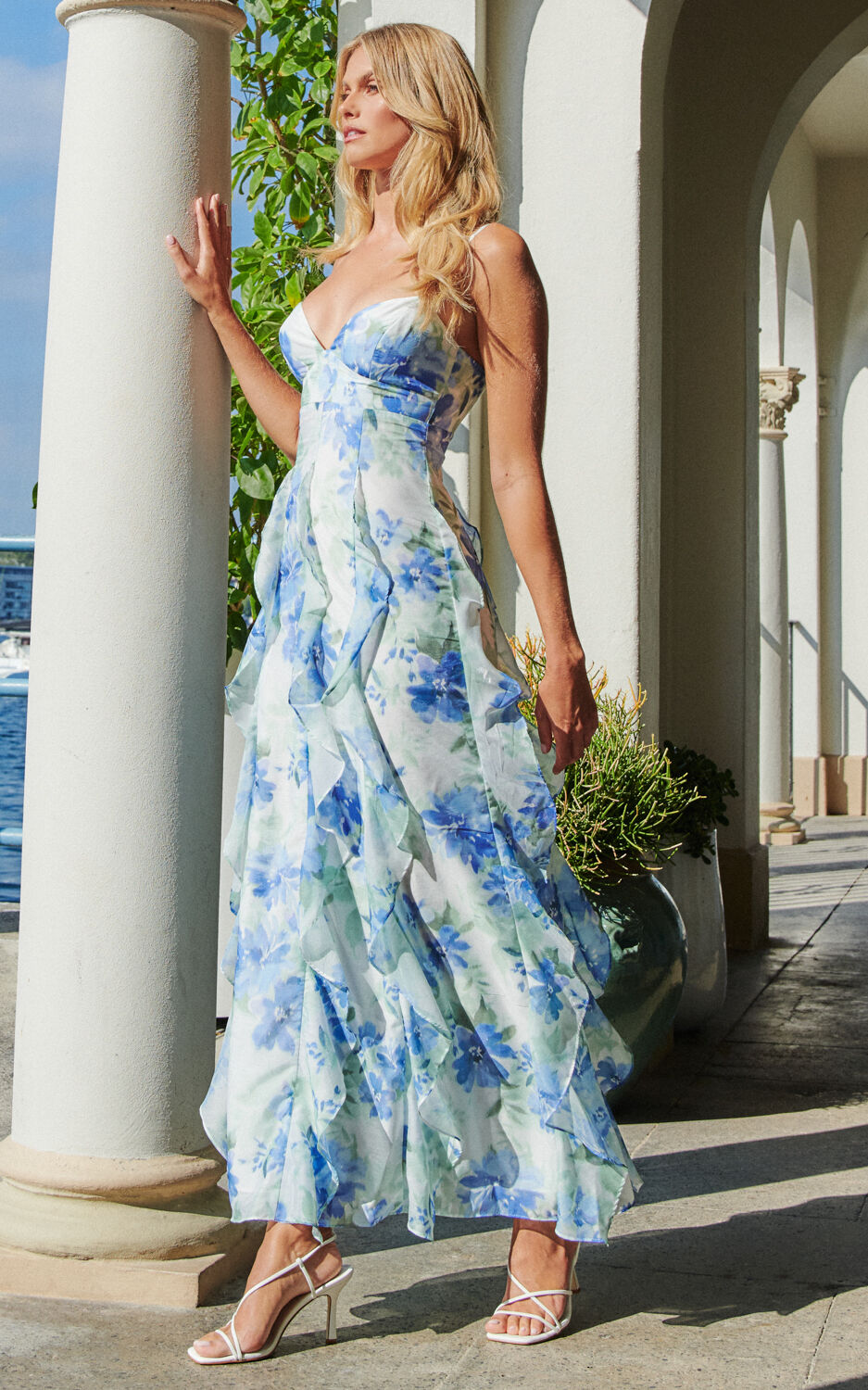 Amalie The Label - Rosalie Strappy Cut Out Ruffle Detail Maxi Dress in Elysian Print