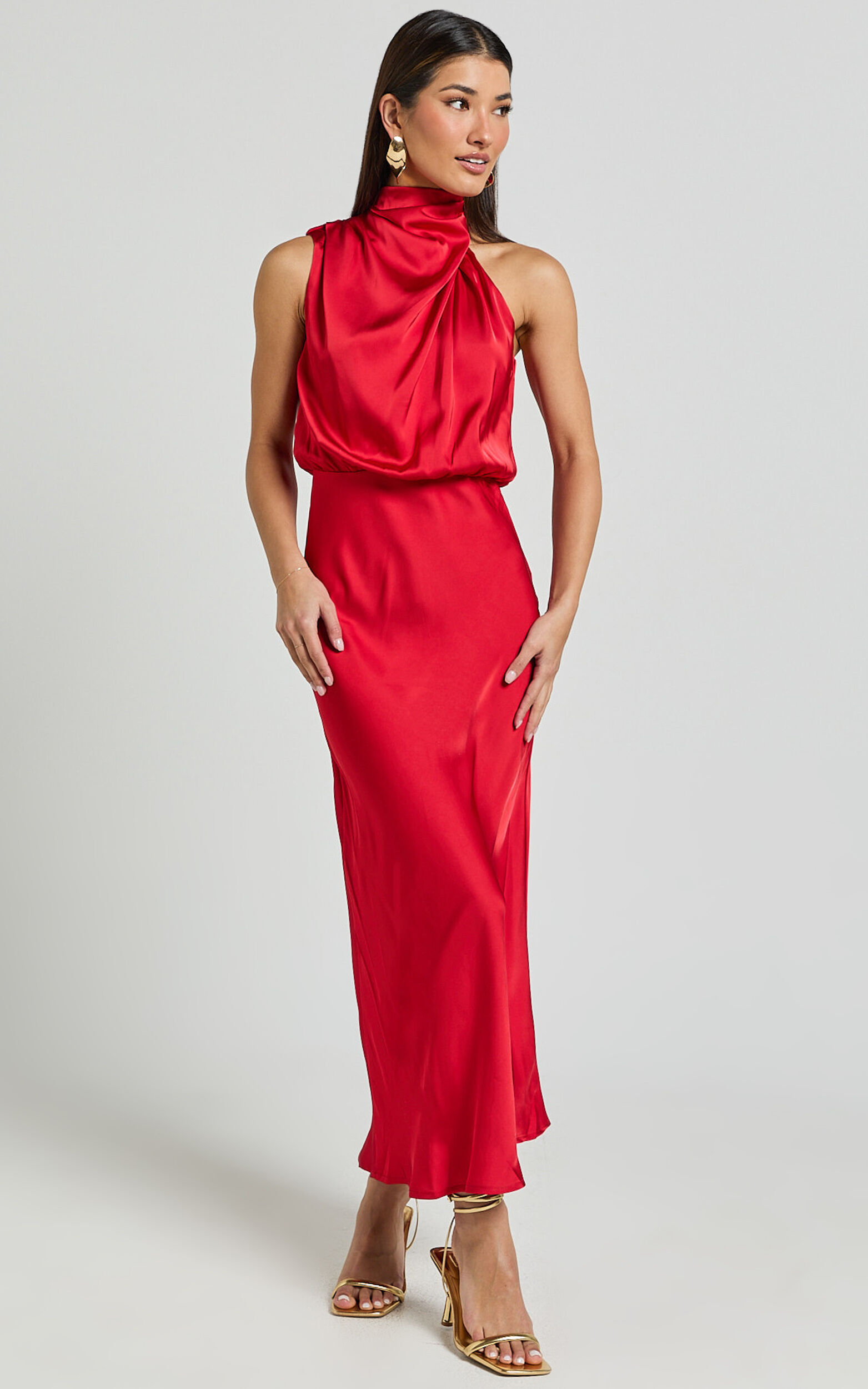Minnie Midi Dress - Drape Neck Satin Slip Dress in Red