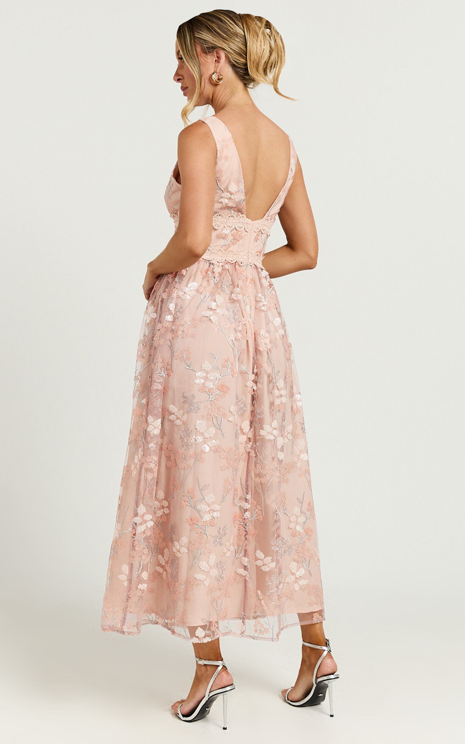 Seychelles Midi Dress - Plunge Embroidery 3d Floral Lace Dress in Light Pink