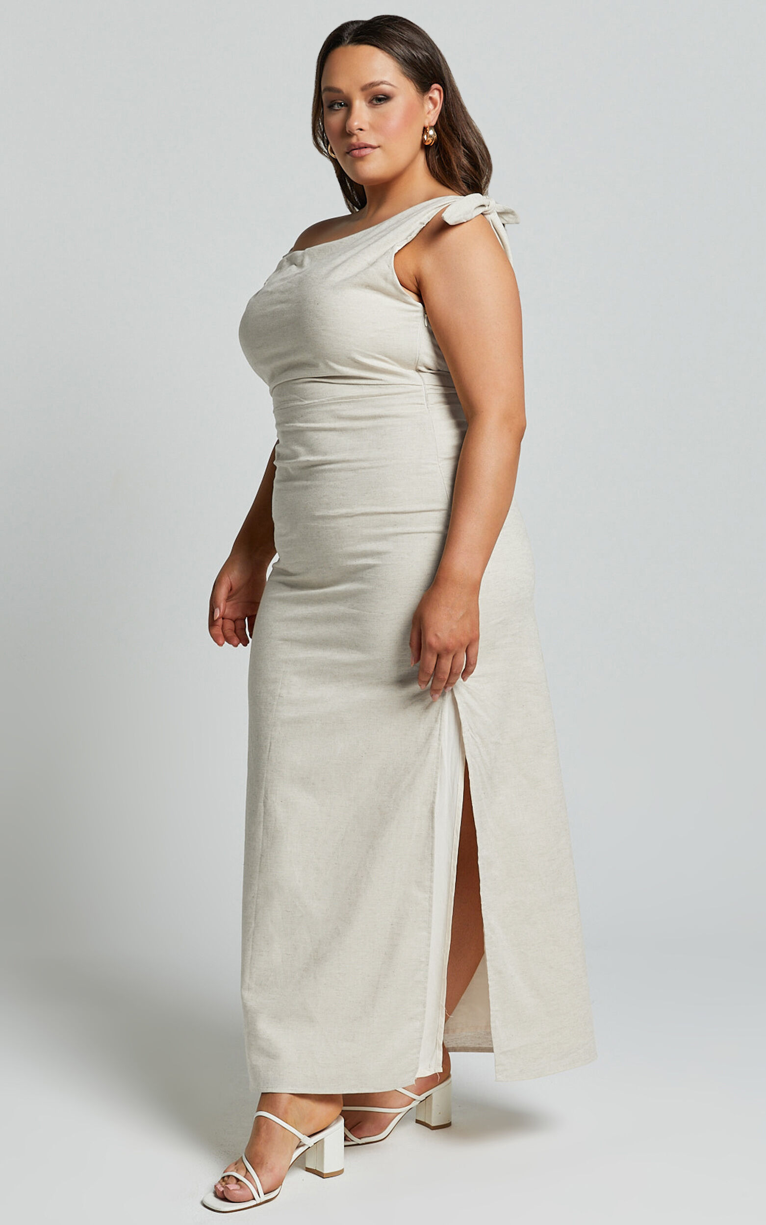 Cincinnati Midi Dress - Off The Shoulder Side Split Column Linen Dress in Beige