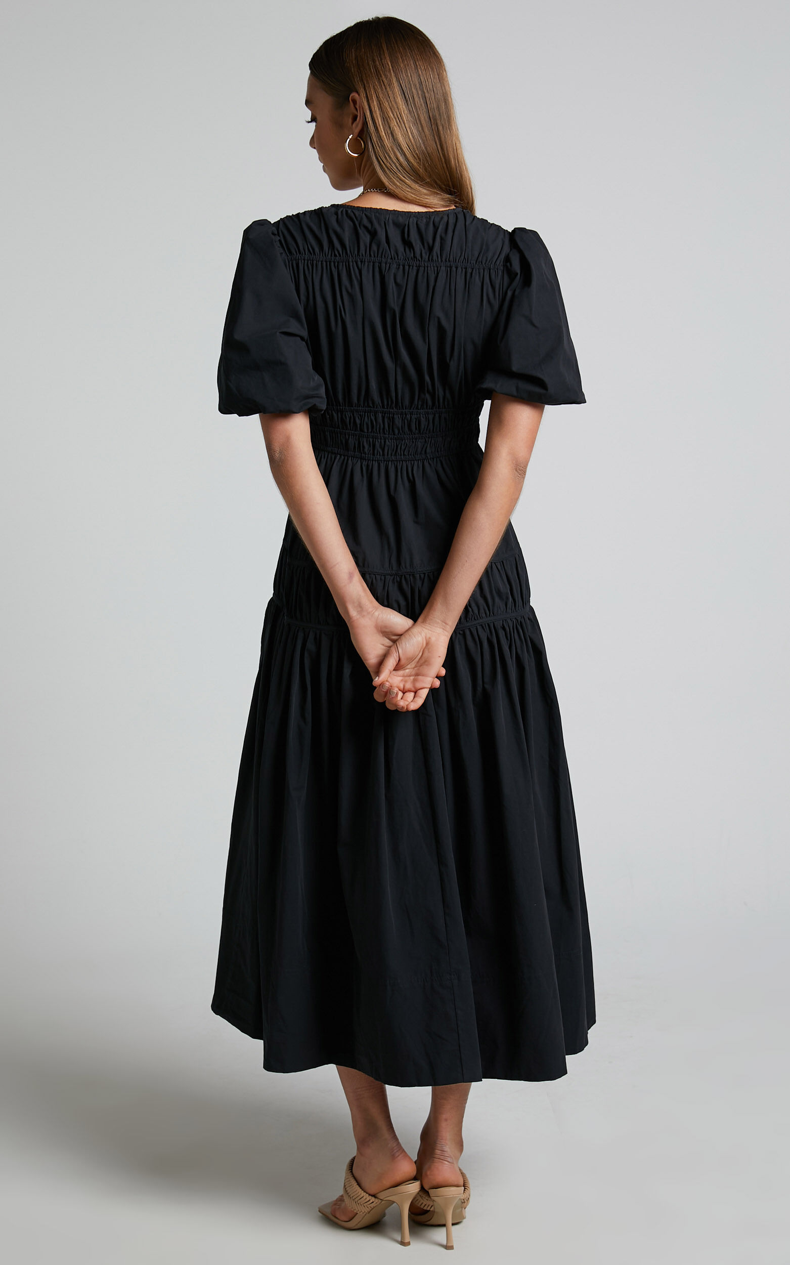 Mellie Midi Dress - Puff Sleeve Plunge Tiered Dress in Black