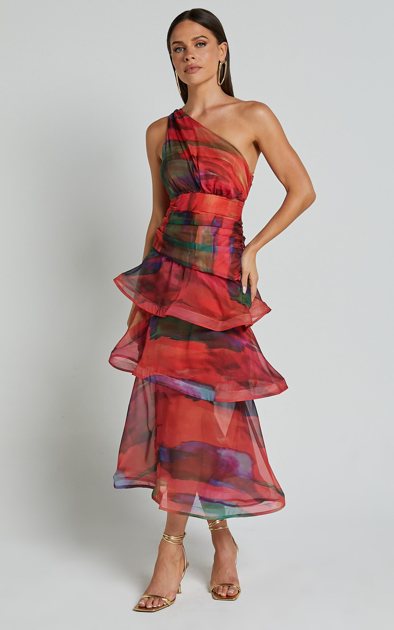 Chelsea Midi Dress - One Shoulder Tie Strap Layered Dress in Print