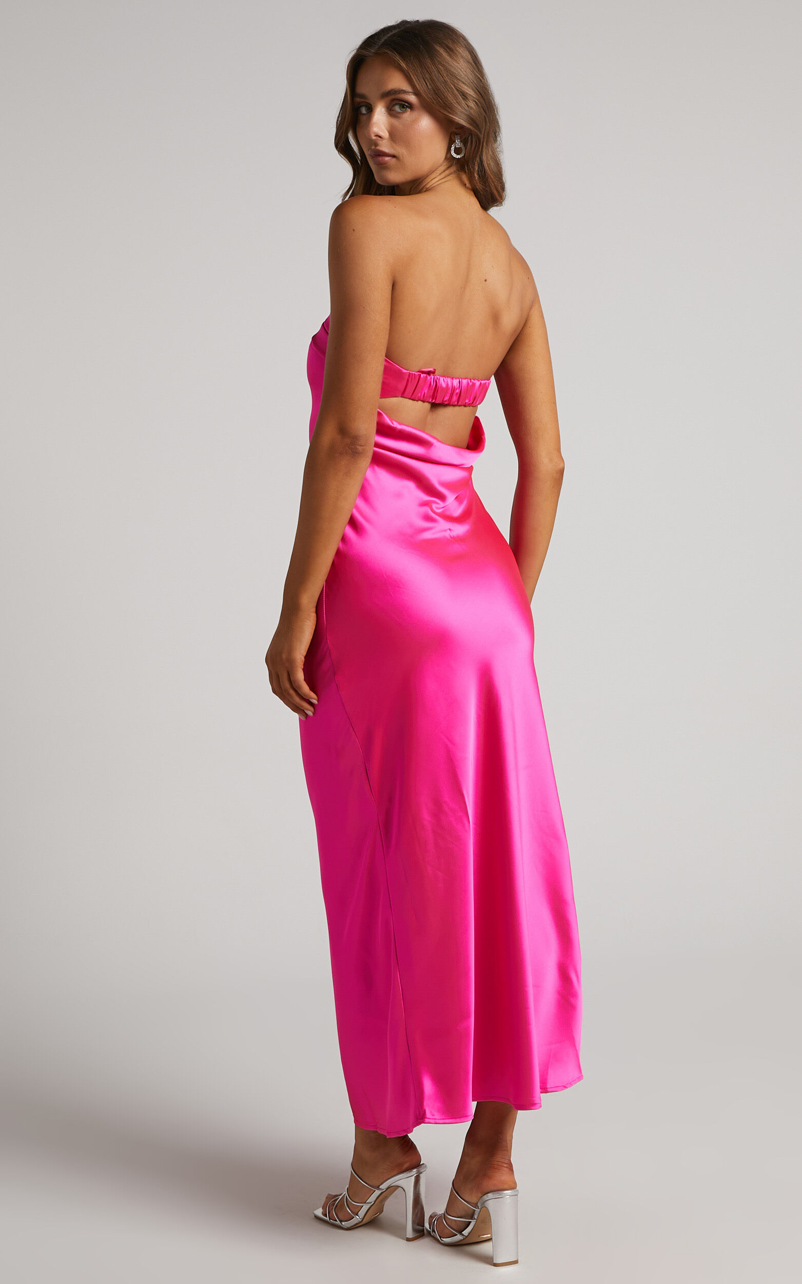 Tracey Maxi Dress - Strapless Back Drape Satin Dress in Pink
