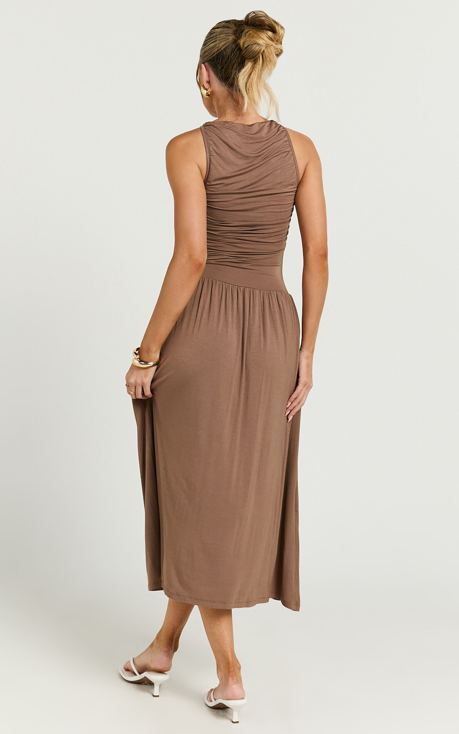 Anciel Midi Dress - Ruched Drop Waist Dress in Chocolate