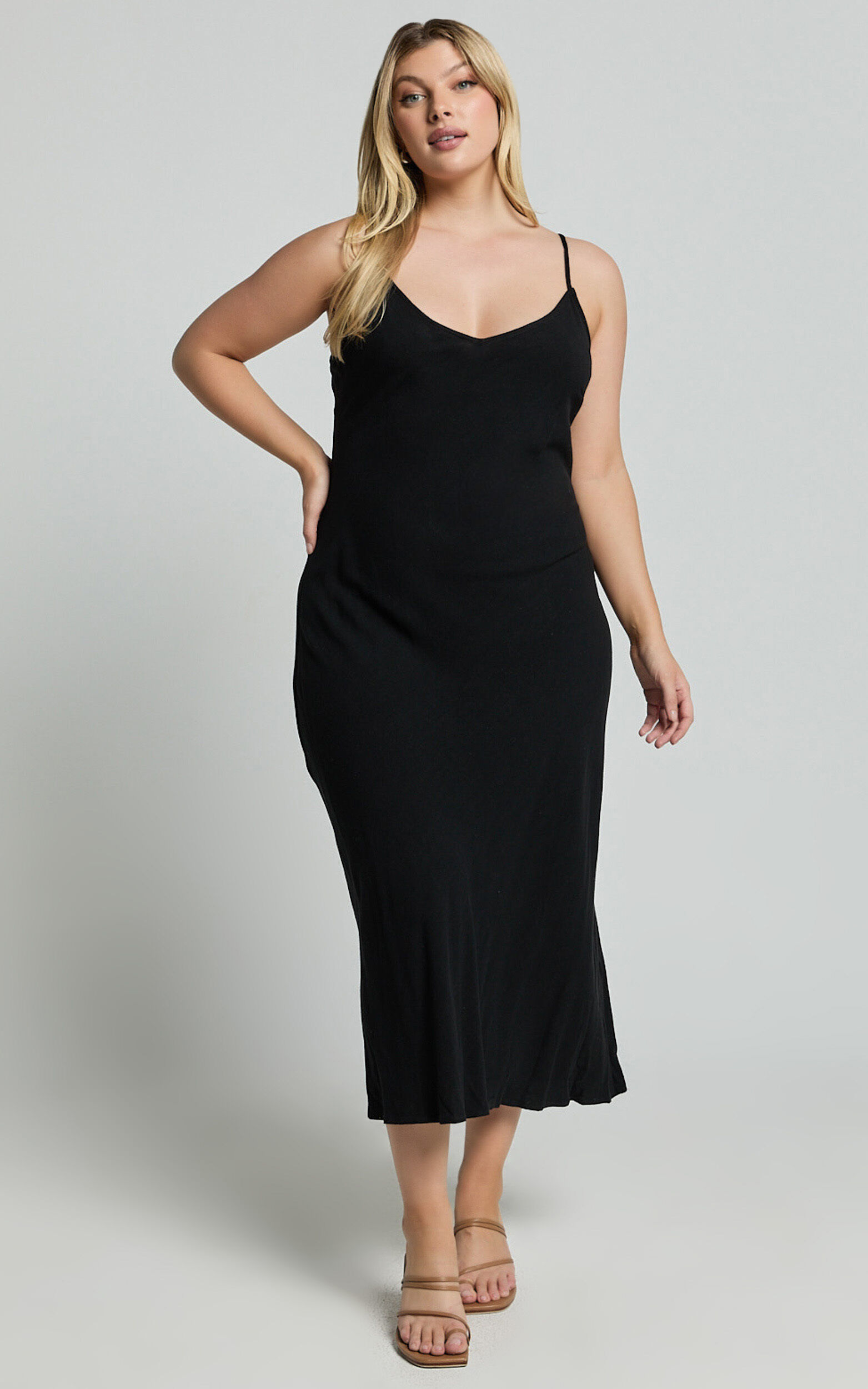 Delaina Midi Dress - Linen Look Strappy V Neck Bias Cut Slip in Black